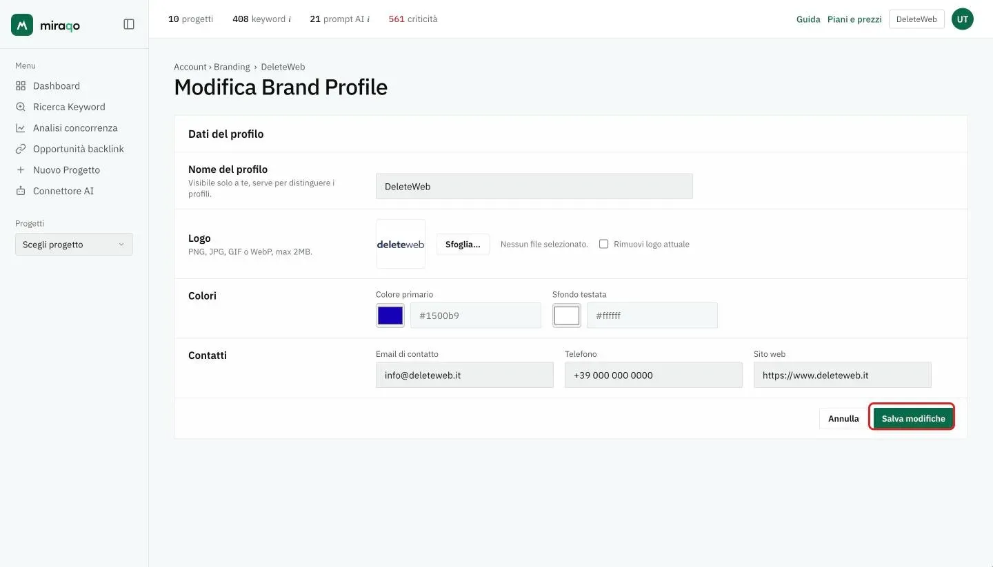 Il form Modifica Brand Profile: Nome del profilo, Logo con Sfoglia e Rimuovi logo attuale, Colore primario e Sfondo testata con il selettore colore e il codice hex, Email di contatto, Telefono e Sito web, e in fondo Salva modifiche evidenziato