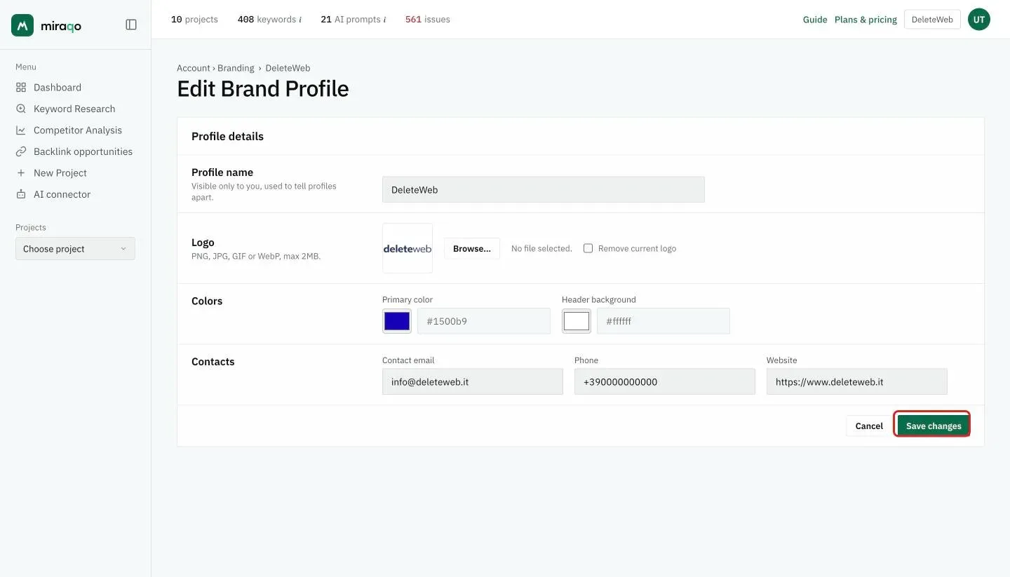 The Edit Brand Profile form: Profile name, Logo with Browse and Remove current logo, Primary color and Header background with the colour picker and hex code, Contact email, Phone and Website, and at the bottom Save changes highlighted