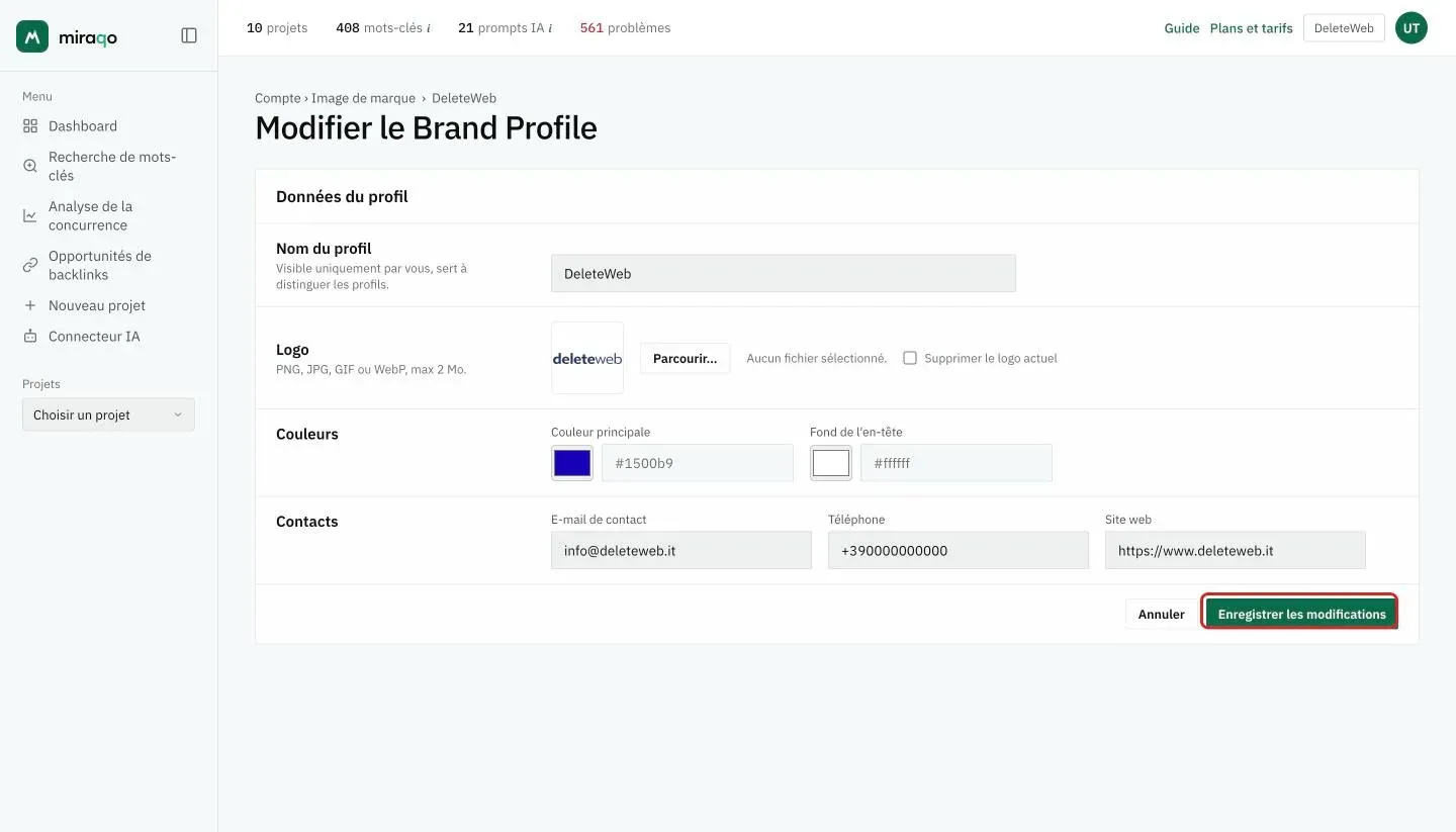 Le formulaire Modifier le Brand Profile : Nom du profil, Logo avec Parcourir et Supprimer le logo actuel, Couleur principale et Fond de l’en-tête avec le sélecteur de couleur et le code hexadécimal, E-mail de contact, Téléphone et Site web et, en bas, Enregistrer les modifications mis en valeur