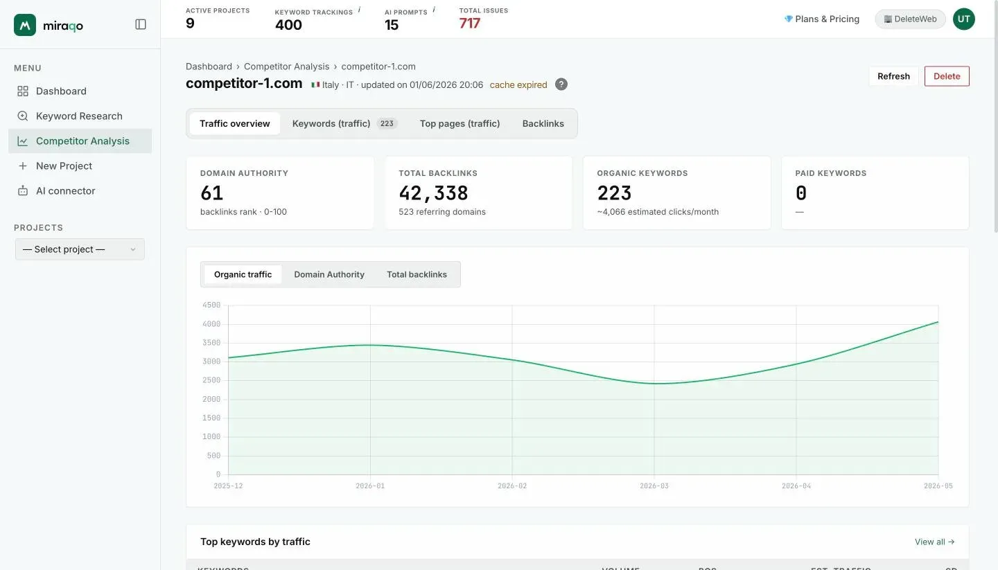 The domain detail, Traffic overview tab: the four cards at the top (Domain Authority, Total backlinks, Organic keywords, Paid keywords) and the historical chart with its three tabs