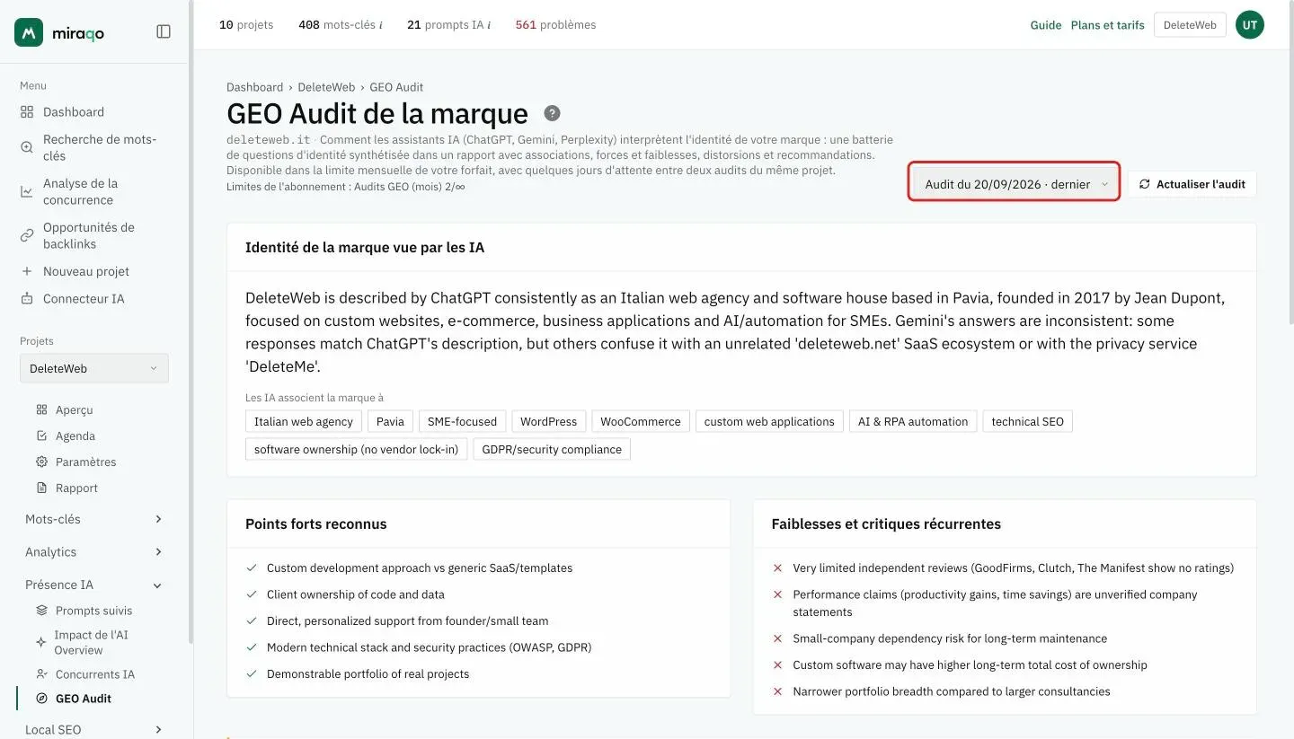 Le rapport d’un GEO Audit : en haut à droite le sélecteur Audit du 20/09/2026 · dernier, mis en évidence, et le bouton Actualiser l’audit, puis l’identité perçue, les thèmes que les IA associent à la marque, les points forts reconnus et les faiblesses récurrentes