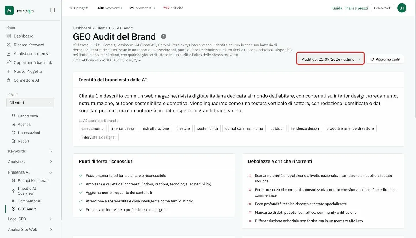 Il report di un GEO Audit: in alto a destra il selettore Audit del 21/09/2026 · ultimo evidenziato e il pulsante Aggiorna audit, poi l’identità percepita, i temi che le AI associano al brand, i punti di forza e le debolezze ricorrenti