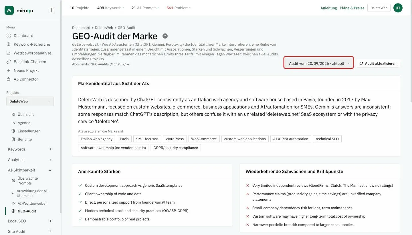 Der Bericht eines GEO-Audits: oben rechts hervorgehoben der Selektor Audit vom 20/09/2026 · aktuell und der Button Audit aktualisieren, dann die wahrgenommene Identität, die Themen, die die AIs mit der Marke verbinden, die anerkannten Stärken und die wiederkehrenden Schwächen