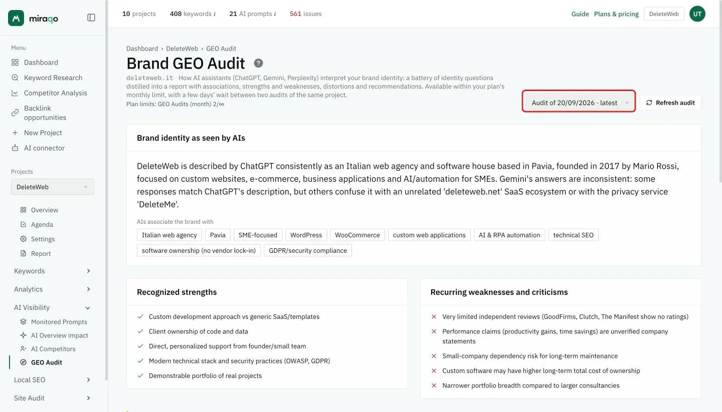 A GEO Audit report: at the top right the Audit of 20/09/2026 · latest selector, highlighted, and the Refresh audit button, then the perceived identity, the themes AIs associate with the brand, the recognized strengths and the recurring weaknesses