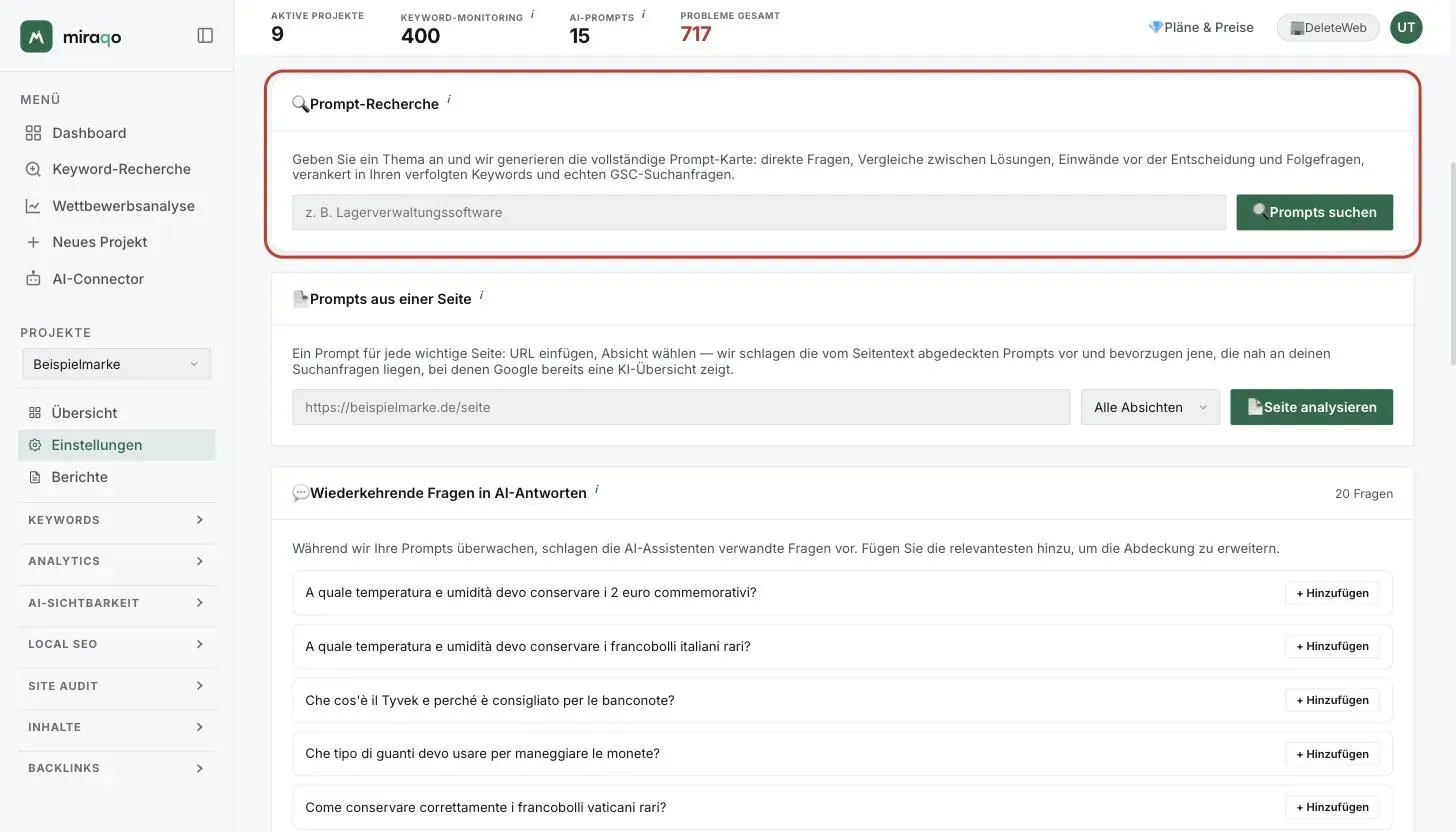 Die hervorgehobene Karte Prompt-Recherche: das Themenfeld mit dem Beispiel und der Button Prompts suchen