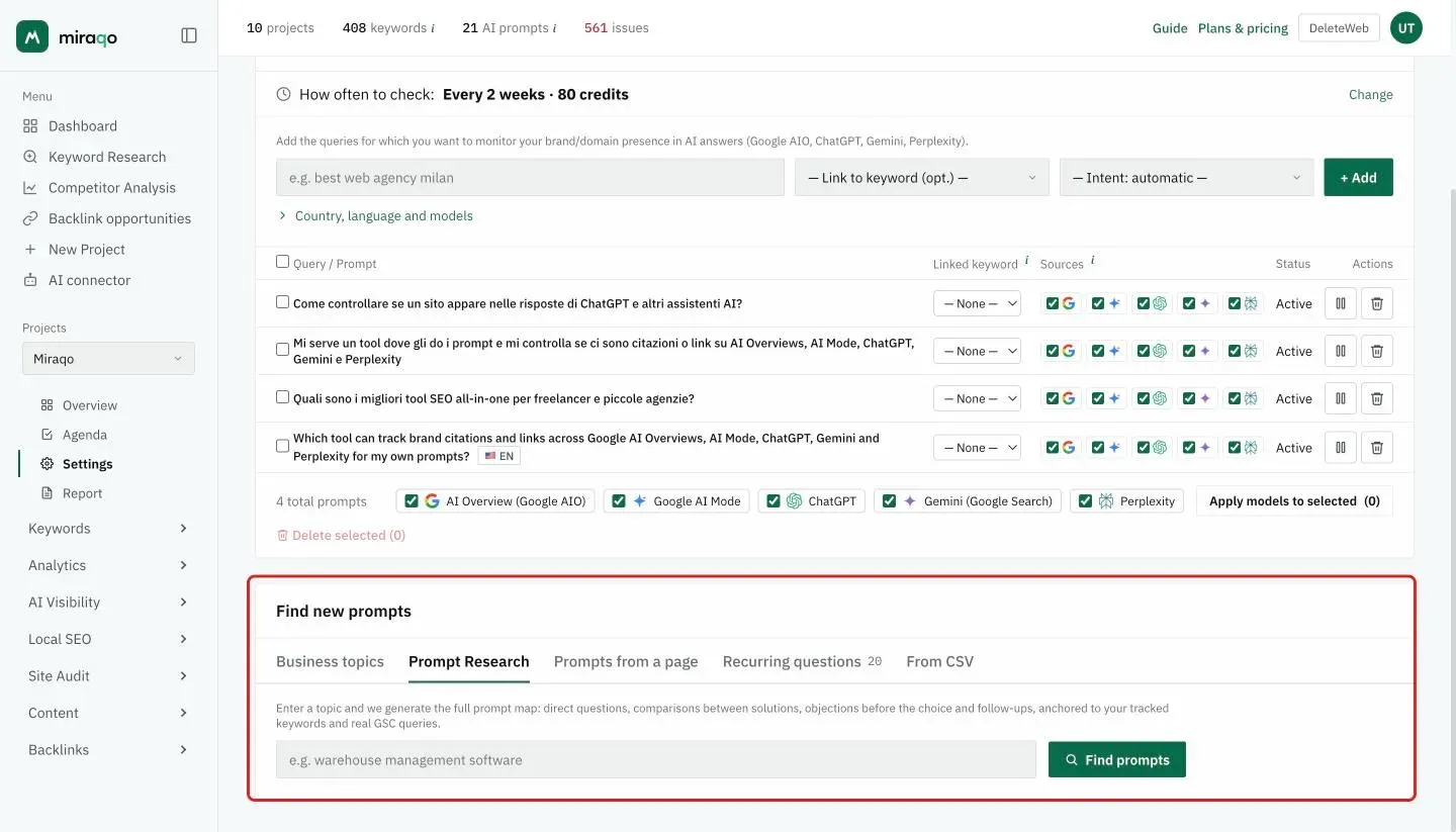 The Find new prompts card with the Prompt Research tab open: the topic field with the example and the Find prompts button