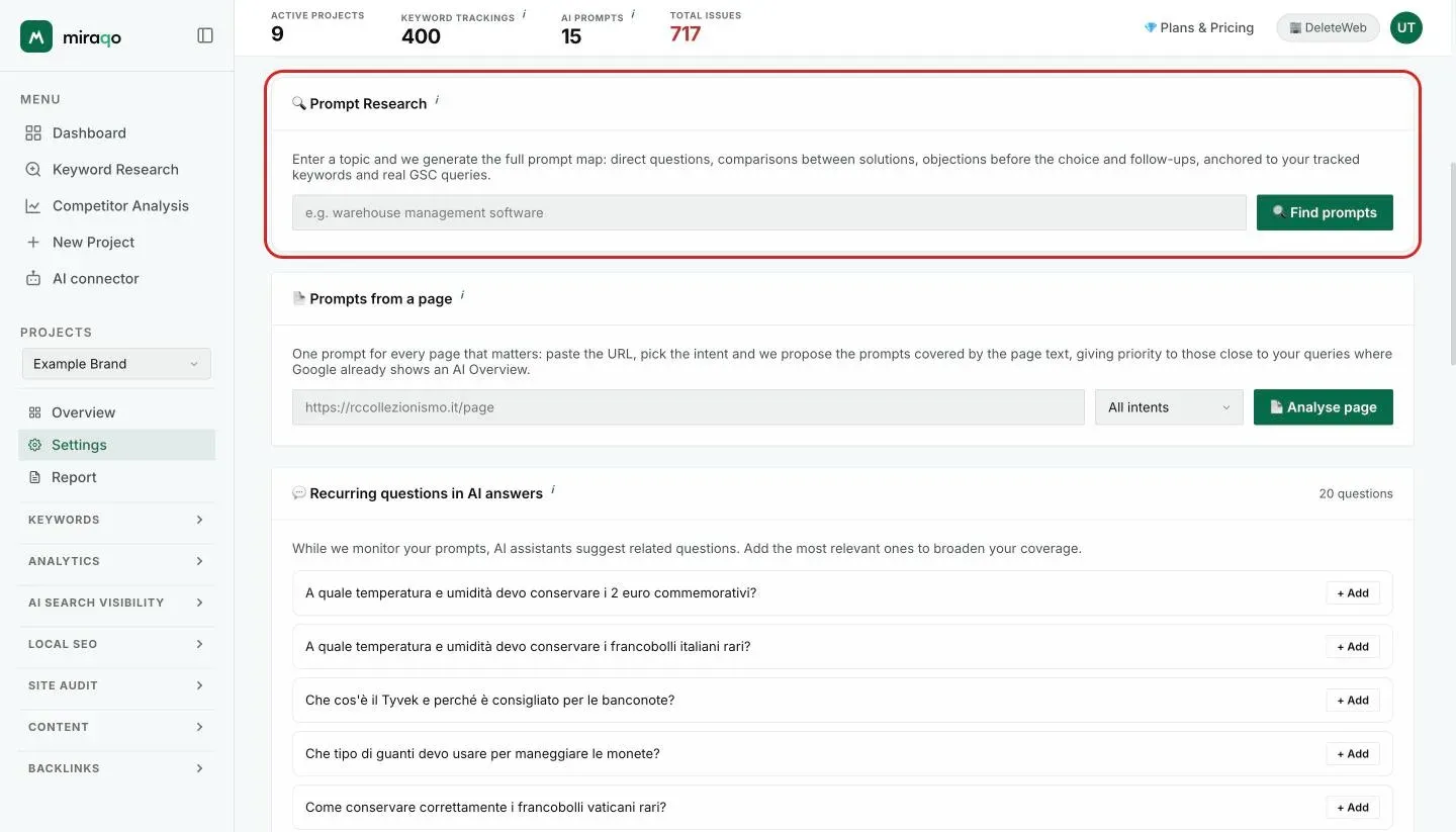 The Prompt Research card, highlighted: the topic field with the example and the Search prompts button