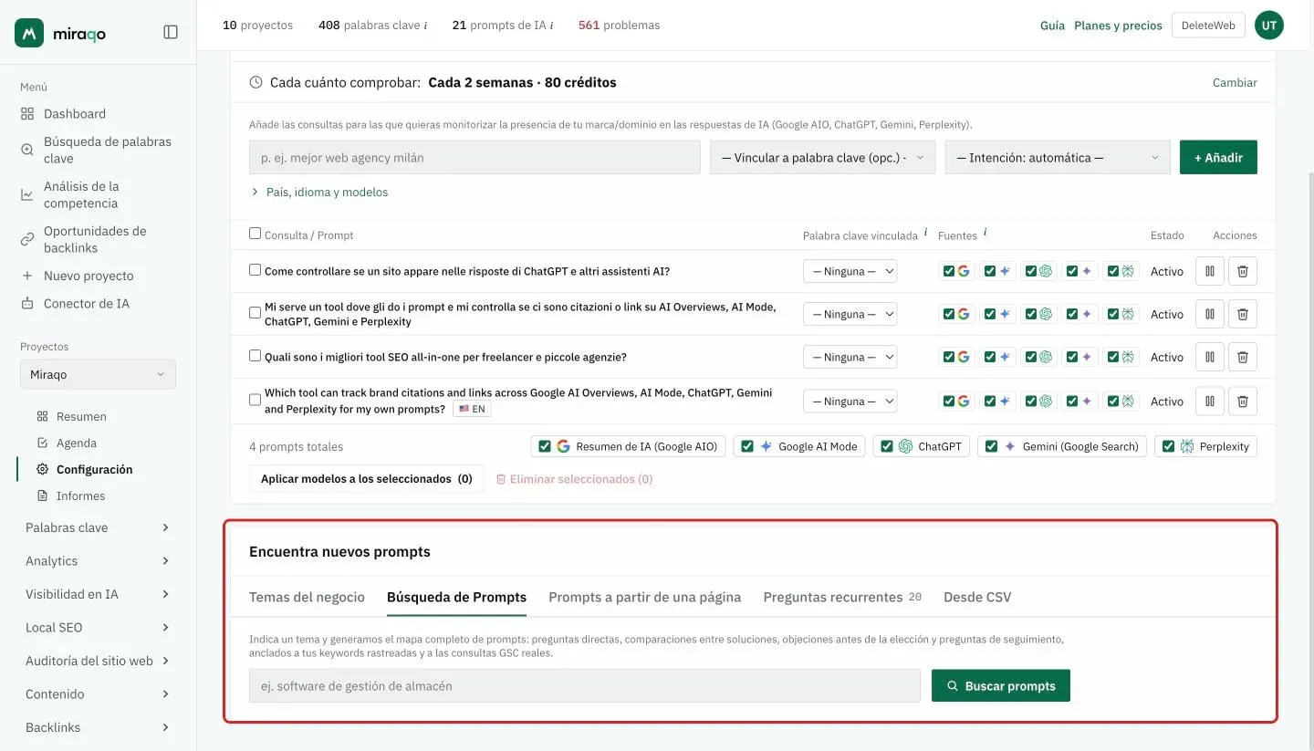 La tarjeta Encuentra nuevos prompts, pestaña Búsqueda de prompts abierta: el campo del tema con el ejemplo y el botón Buscar prompts