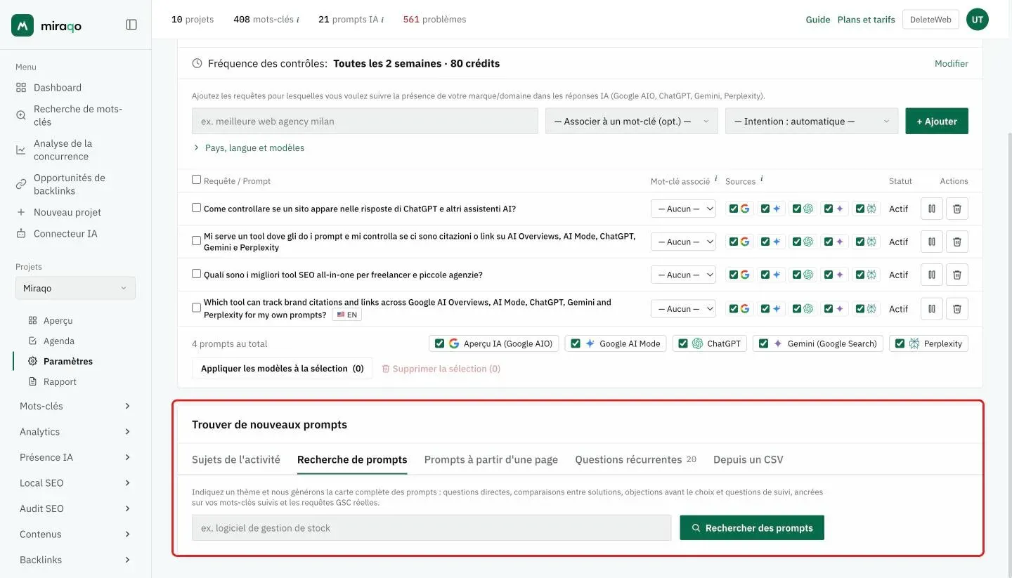 La carte Trouver de nouveaux prompts, onglet Recherche de prompts ouvert : le champ du thème avec l’exemple et le bouton Rechercher des prompts