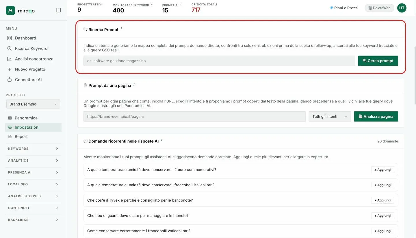 La card Ricerca Prompt evidenziata: il campo del tema con l’esempio e il pulsante Cerca prompt