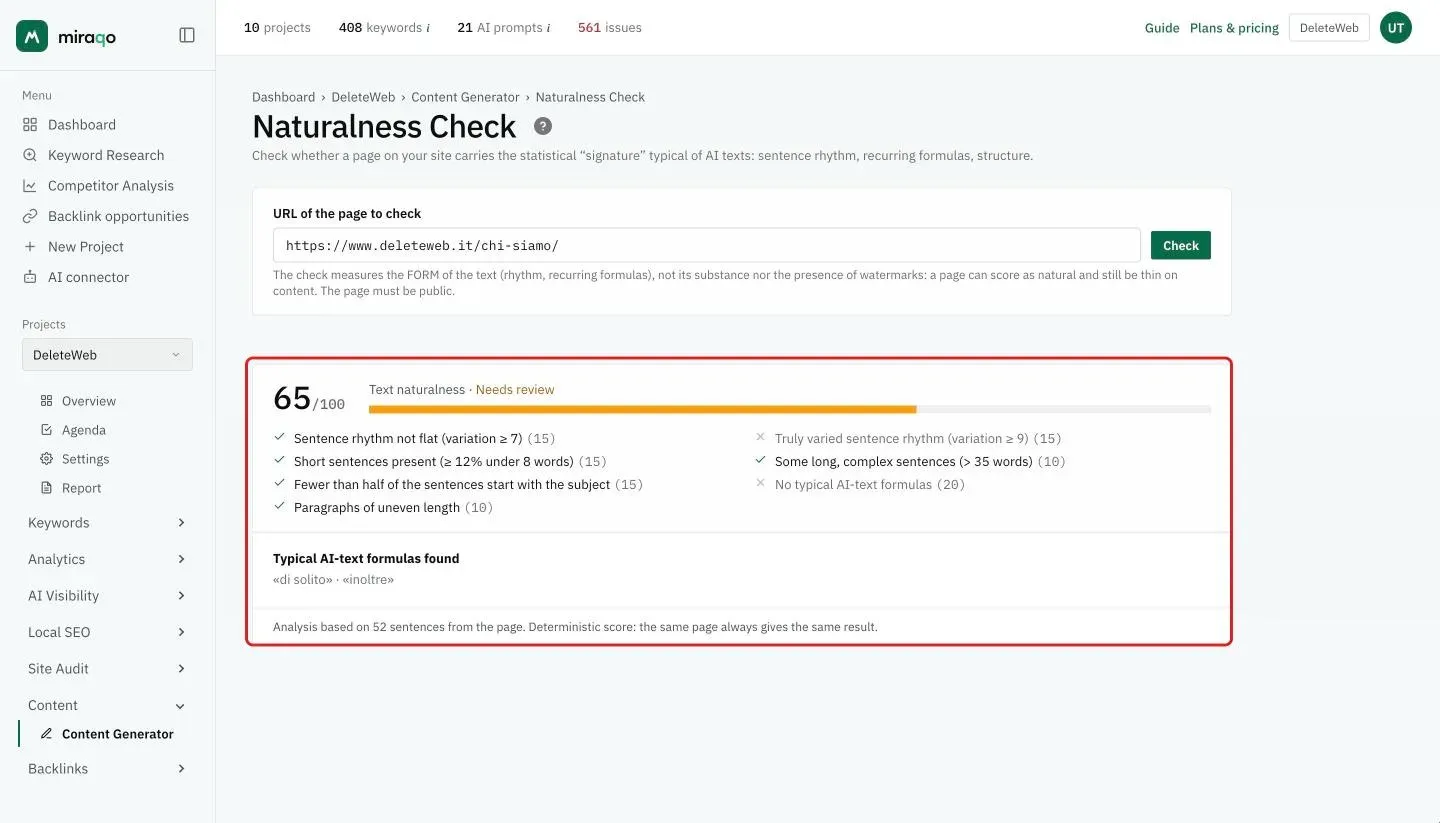 The check result: the text Naturalness score with the bar and the needs review label, the checklist of passed and failed checks with the weight of each, the typical AI-text formulas found and the number of sentences analysed