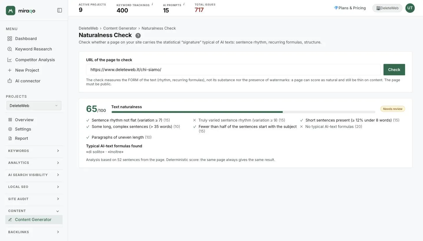 The check result: the text Naturalness score with the bar and the needs review label, the checklist of passed and failed checks with the weight of each, the typical AI-text formulas found and the number of sentences analysed
