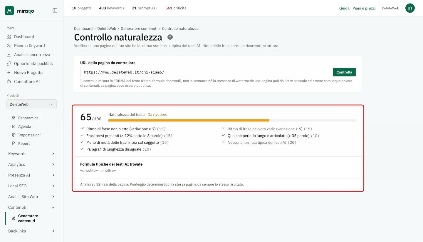 Il risultato del controllo evidenziato sotto il campo URL: il punteggio 65/100 con la barra e l’etichetta Da rivedere, la checklist dei controlli superati e falliti con il peso di ciascuno, le formule tipiche dei testi AI trovate e il numero di frasi analizzate