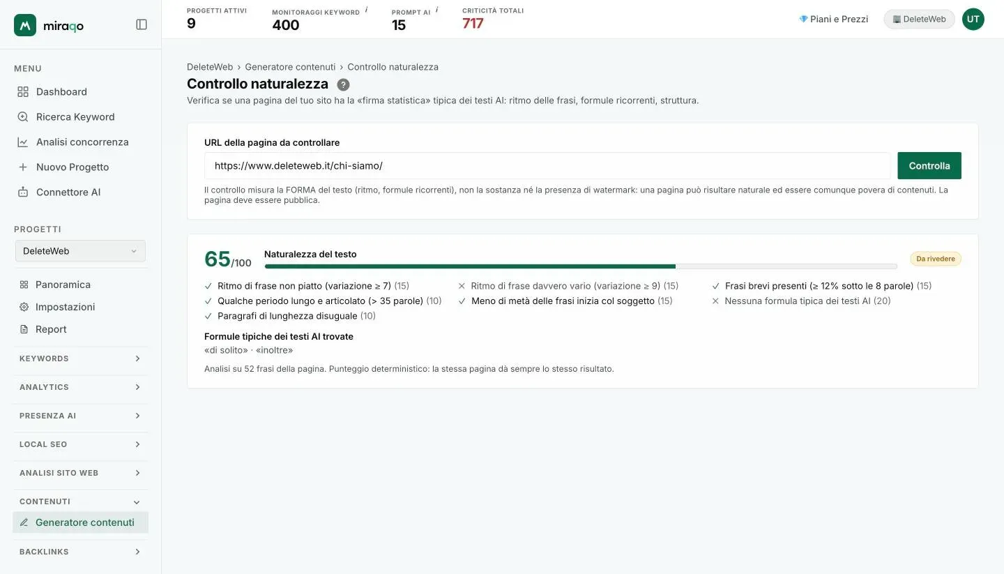 Il risultato del controllo: il punteggio Naturalezza del testo con la barra e l’etichetta Da rivedere, la checklist dei controlli superati e falliti con il peso di ciascuno, le formule tipiche dei testi AI trovate e il numero di frasi analizzate