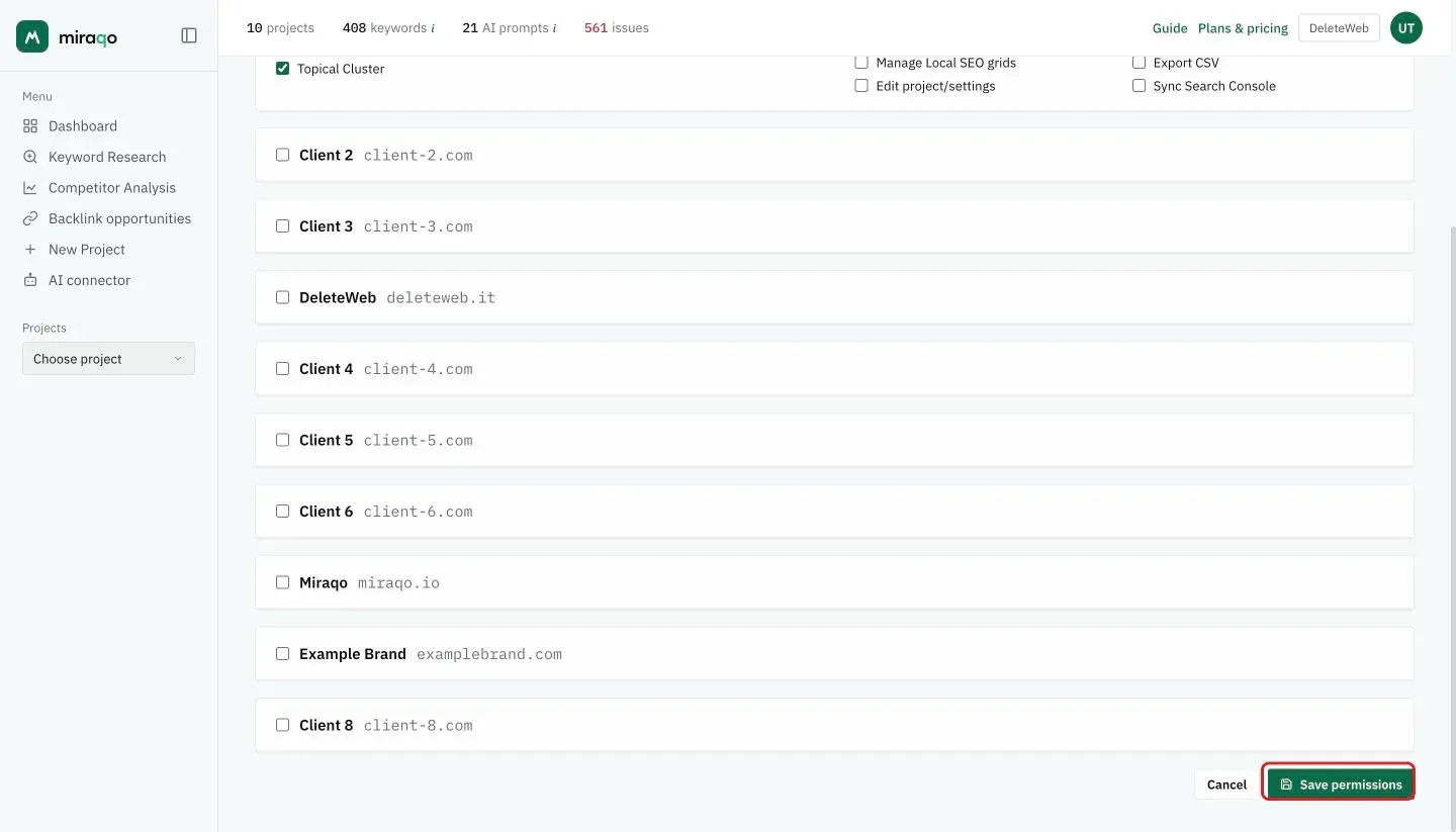 The Save permissions button, highlighted, at the bottom of the page, next to Cancel, below the project list