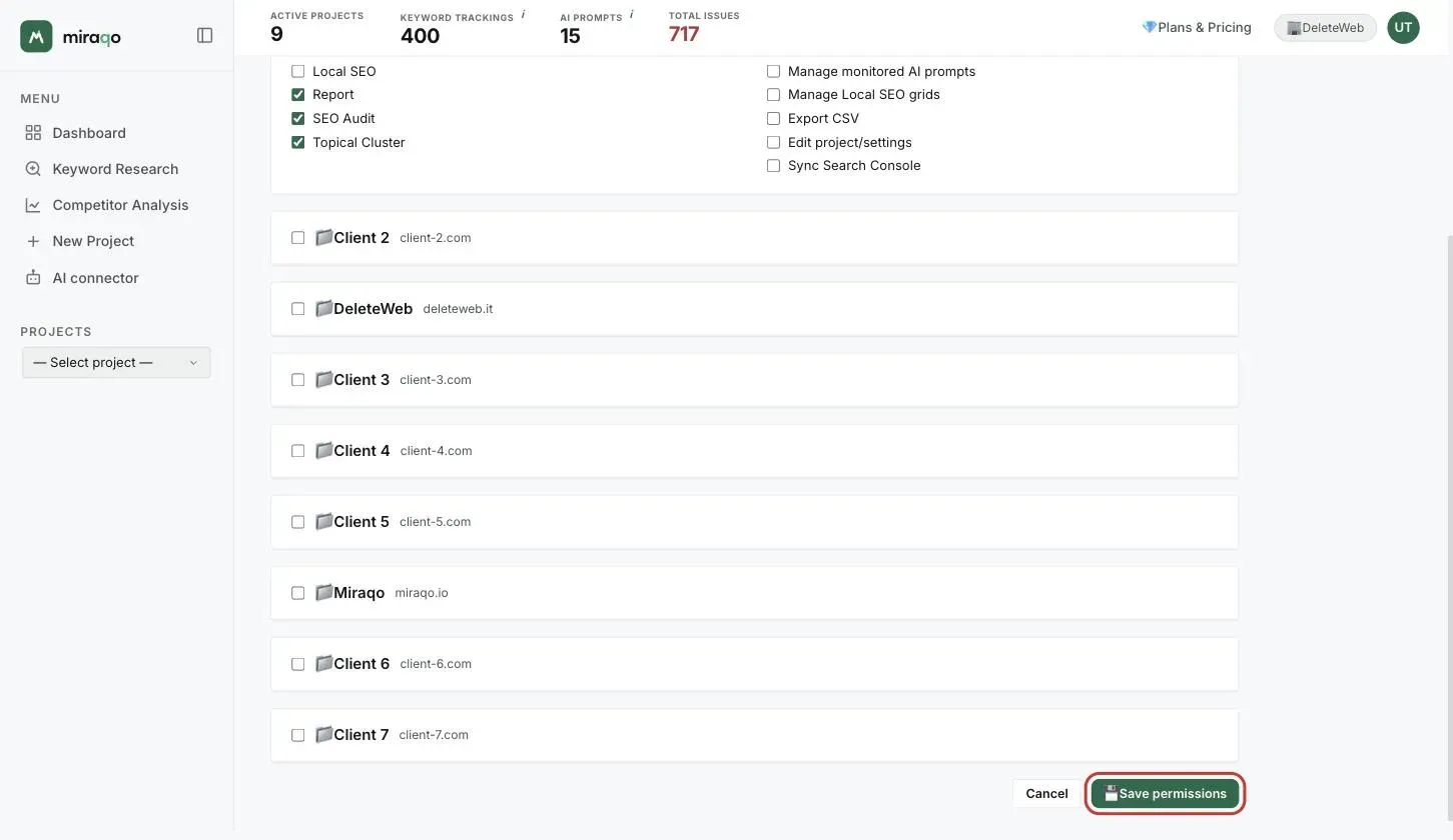 The Save permissions button, highlighted, at the bottom of the page, below the project list