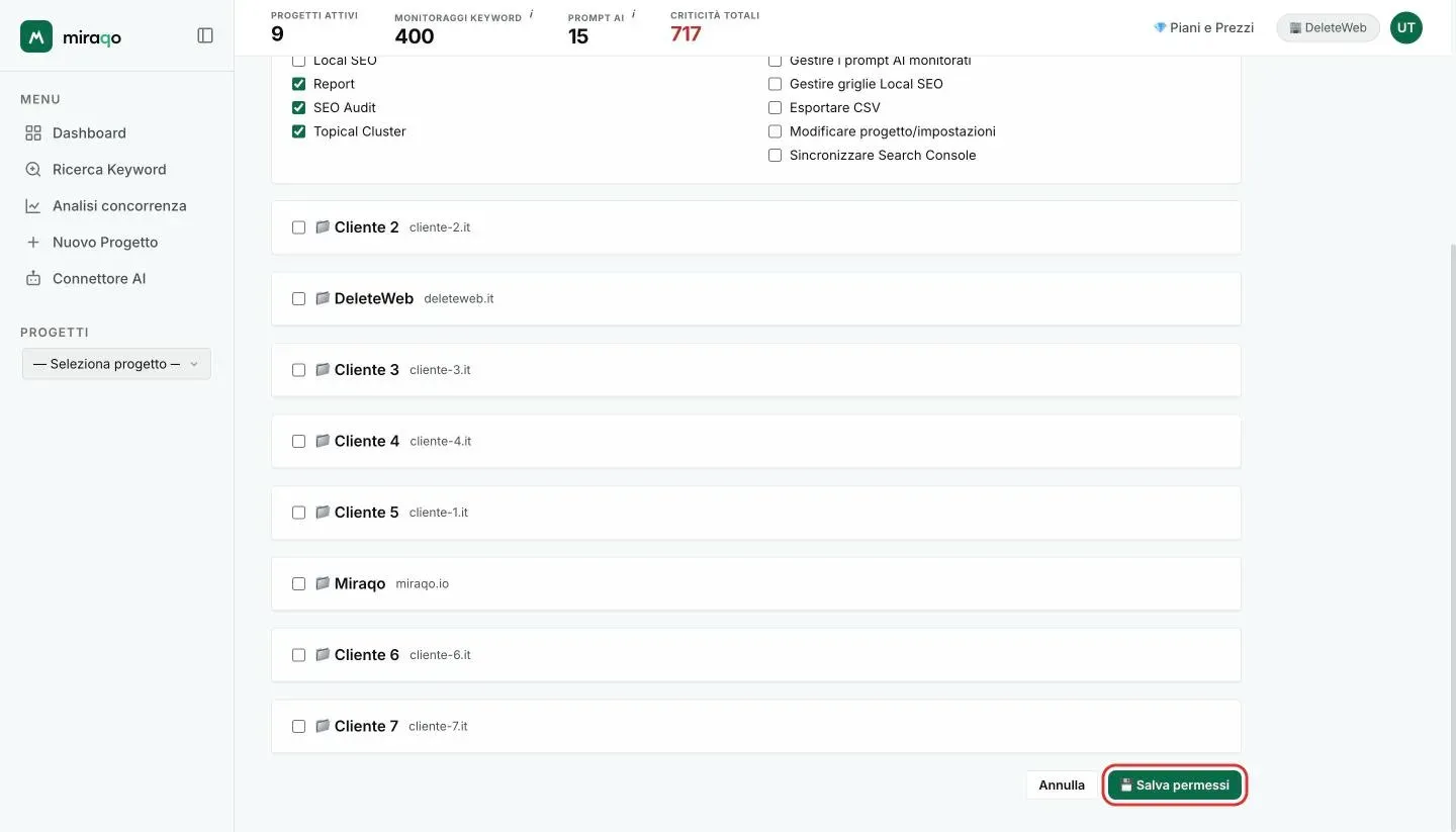 Il pulsante Salva permessi evidenziato in fondo alla pagina, sotto la lista dei progetti
