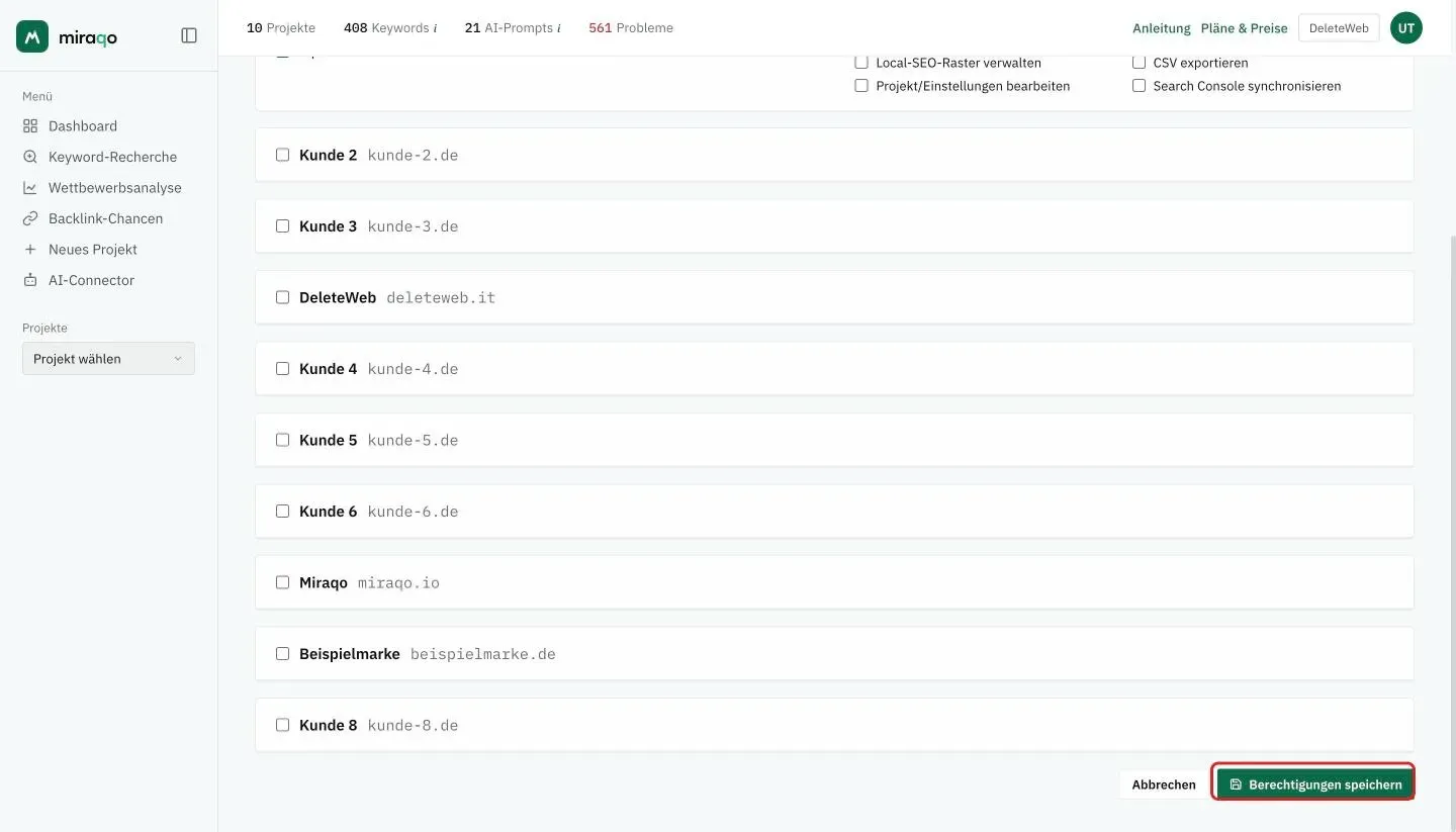 Der hervorgehobene Button Berechtigungen speichern am Ende der Seite, neben Abbrechen, unter der Projektliste