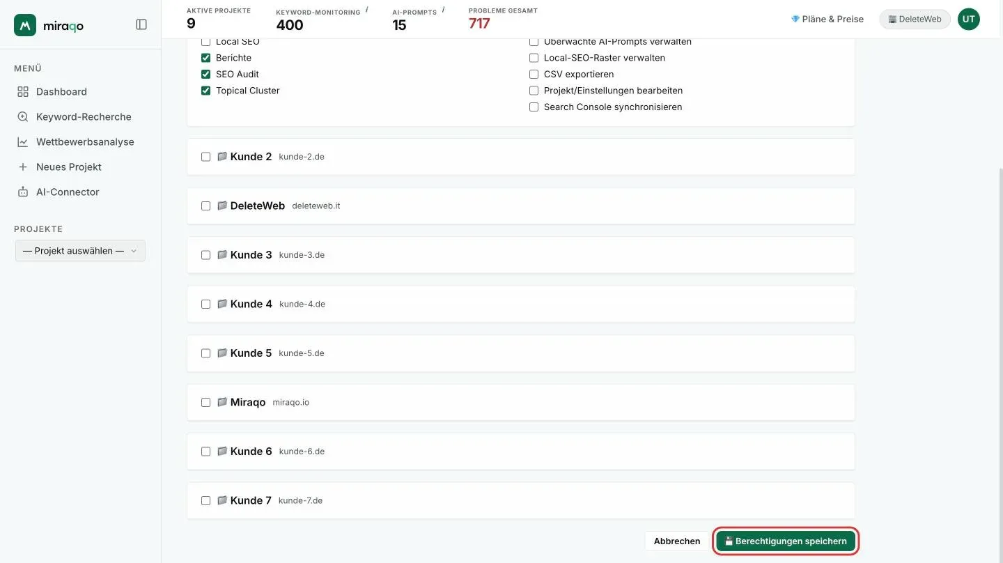 Der hervorgehobene Button Berechtigungen speichern am Ende der Seite, unter der Projektliste