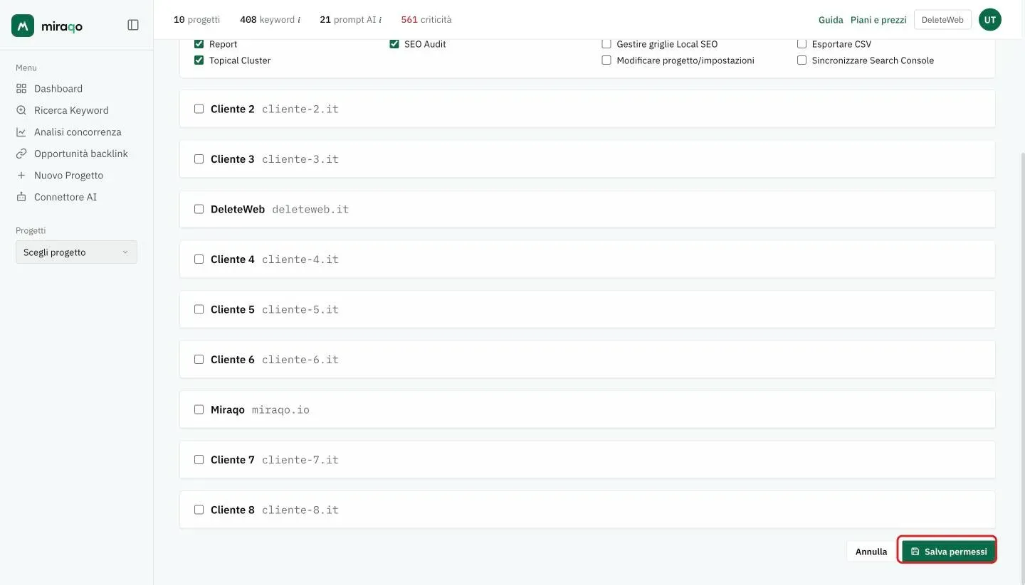 Il pulsante Salva permessi evidenziato in fondo alla pagina, accanto ad Annulla, sotto la lista dei progetti