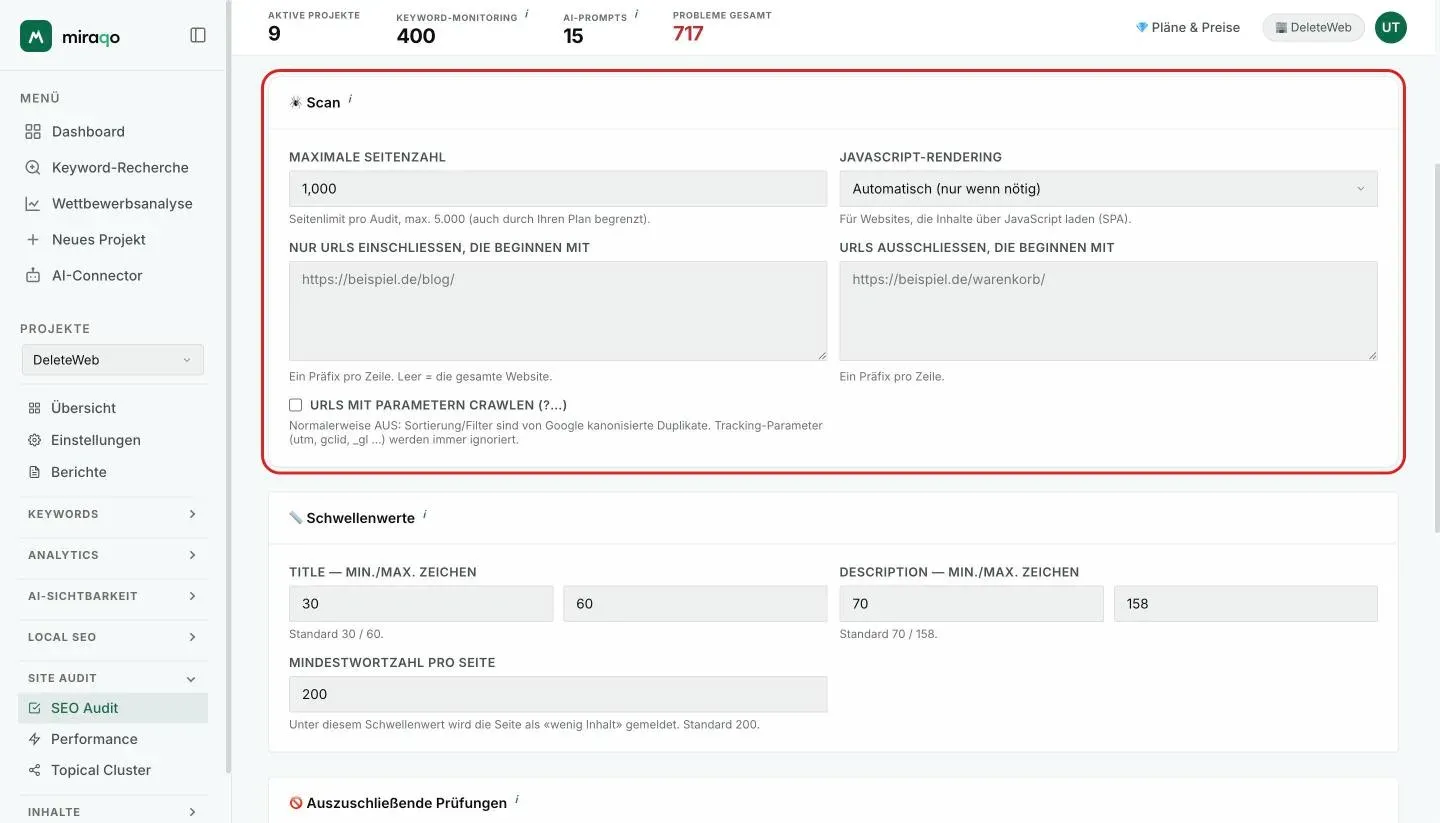 Die hervorgehobene Karte Crawl: Maximale Seiten, JavaScript-Rendering, die beiden Felder Nur URLs einschließen, die beginnen mit und URLs ausschließen, die beginnen mit, sowie das Kästchen URLs mit Parametern crawlen
