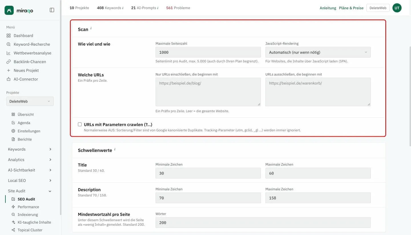 Die hervorgehobene Karte Scan: in der Zeile Wie viel und wie die Maximale Seitenzahl und das JavaScript-Rendering, in der Zeile Welche URLs die beiden Felder Nur URLs einschließen, die beginnen mit und URLs ausschließen, die beginnen mit, sowie das Kästchen URLs mit Parametern crawlen