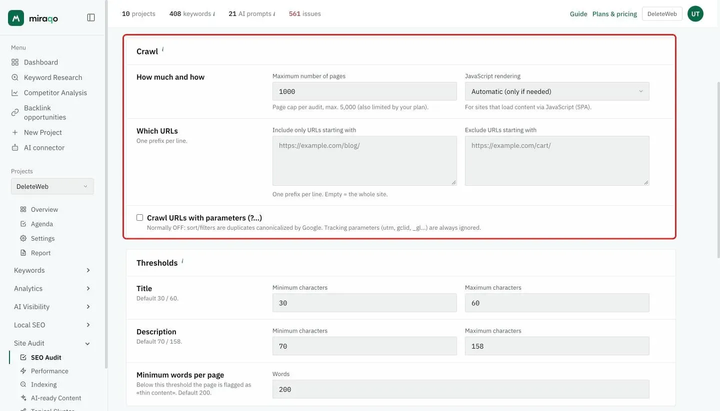 The Crawl card, highlighted: in the How much and how row the Maximum number of pages and JavaScript rendering, in the Which URLs row the two Include only URLs starting with and Exclude URLs starting with boxes, and the Crawl URLs with parameters checkbox