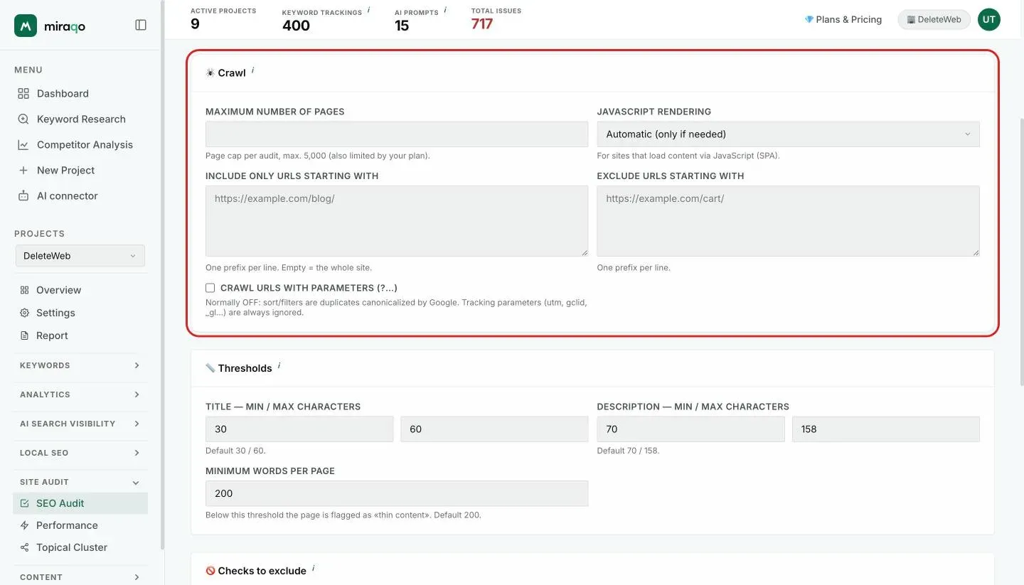 The Crawl card, highlighted: Maximum pages, JavaScript rendering, the two Include only URLs that start with and Exclude URLs that start with boxes, and the Crawl URLs with parameters checkbox