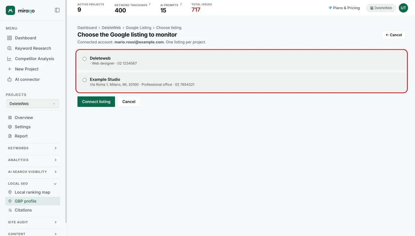 The Choose the Google listing to monitor page: the connected account, the list of listings with the highlighted radio buttons and the Connect listing button