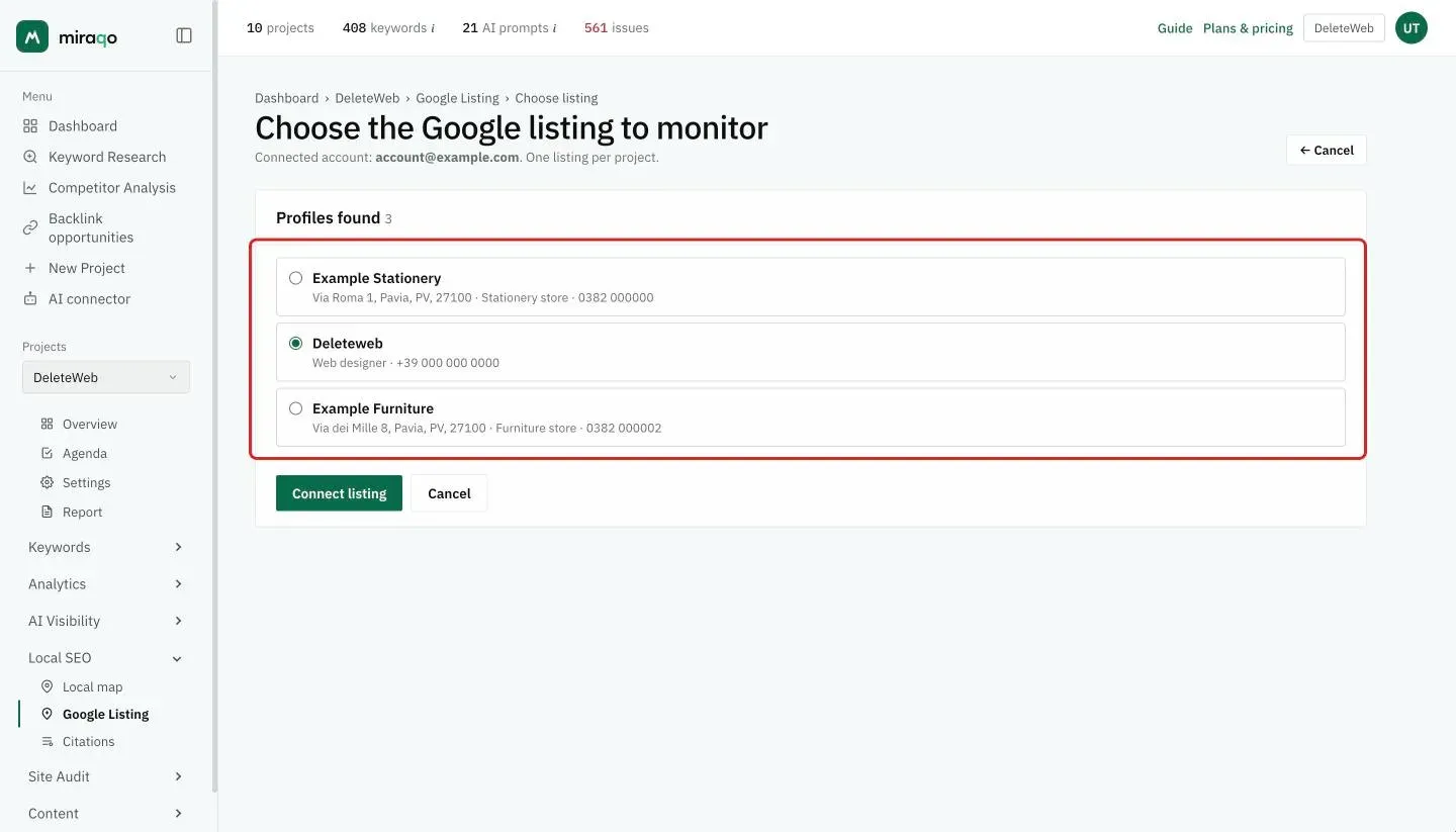 The Choose the Google listing to monitor page: the connected account, the highlighted Profiles found list with three listings and the selected one, below the Connect listing and Cancel buttons