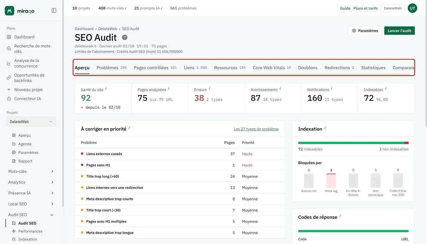 La barre d’onglets du rapport, mise en valeur sous le titre Audit SEO : Aperçu, Problèmes, Pages contrôlées, Liens, Ressources, Core Web Vitals, Doublons, Redirections, Statistiques et Comparaison, avec le nombre d’éléments à côté de chaque onglet