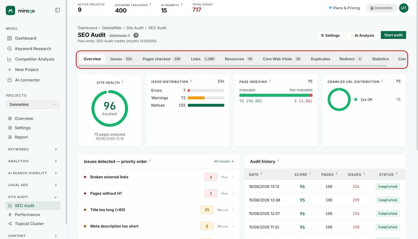 The report’s tab bar, highlighted below the SEO Audit title: Overview, Issues, Crawled pages, Links, Resources, Core Web Vitals, Duplicates, Redirects, Statistics and Comparison, with the item count next to each tab