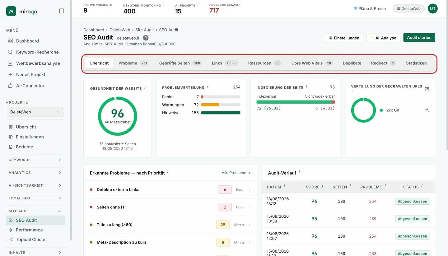 Die hervorgehobene Tab-Leiste des Berichts unter dem Titel SEO-Audit: Übersicht, Probleme, Gescannte Seiten, Links, Ressourcen, Core Web Vitals, Duplikate, Redirects, Statistiken und Vergleich, mit der Anzahl der Elemente neben jedem Tab