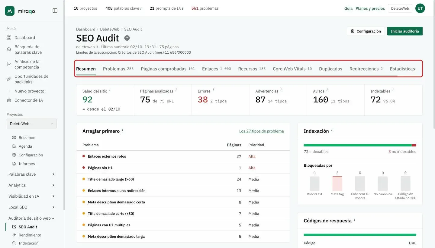La barra de pestañas del informe, resaltada bajo el título SEO Audit: Resumen, Problemas, Páginas comprobadas, Enlaces, Recursos, Core Web Vitals, Duplicados, Redirecciones, Estadísticas y Comparación, con el número de elementos junto a cada pestaña