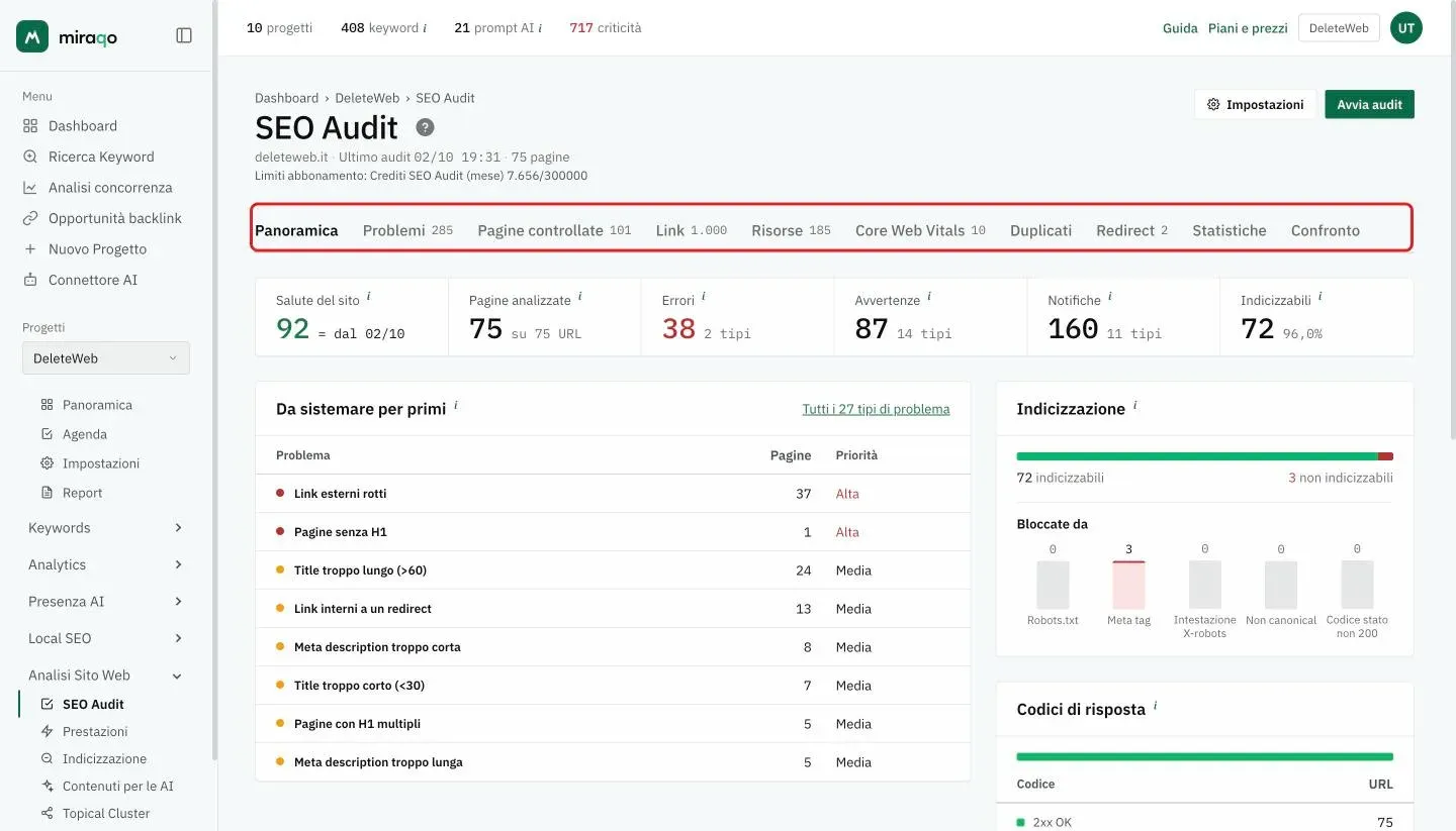 La barra dei tab del report evidenziata sotto il titolo SEO Audit: Panoramica, Problemi, Pagine controllate, Link, Risorse, Core Web Vitals, Duplicati, Redirect, Statistiche e Confronto, con il numero di elementi accanto a ogni tab
