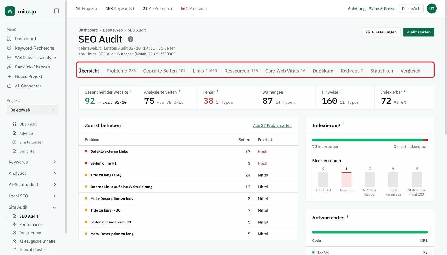 Die hervorgehobene Tab-Leiste des Berichts unter dem Titel SEO Audit: Übersicht, Probleme, Geprüfte Seiten, Links, Ressourcen, Core Web Vitals, Duplikate, Redirect, Statistiken und Vergleich, mit der Anzahl der Elemente neben jedem Tab