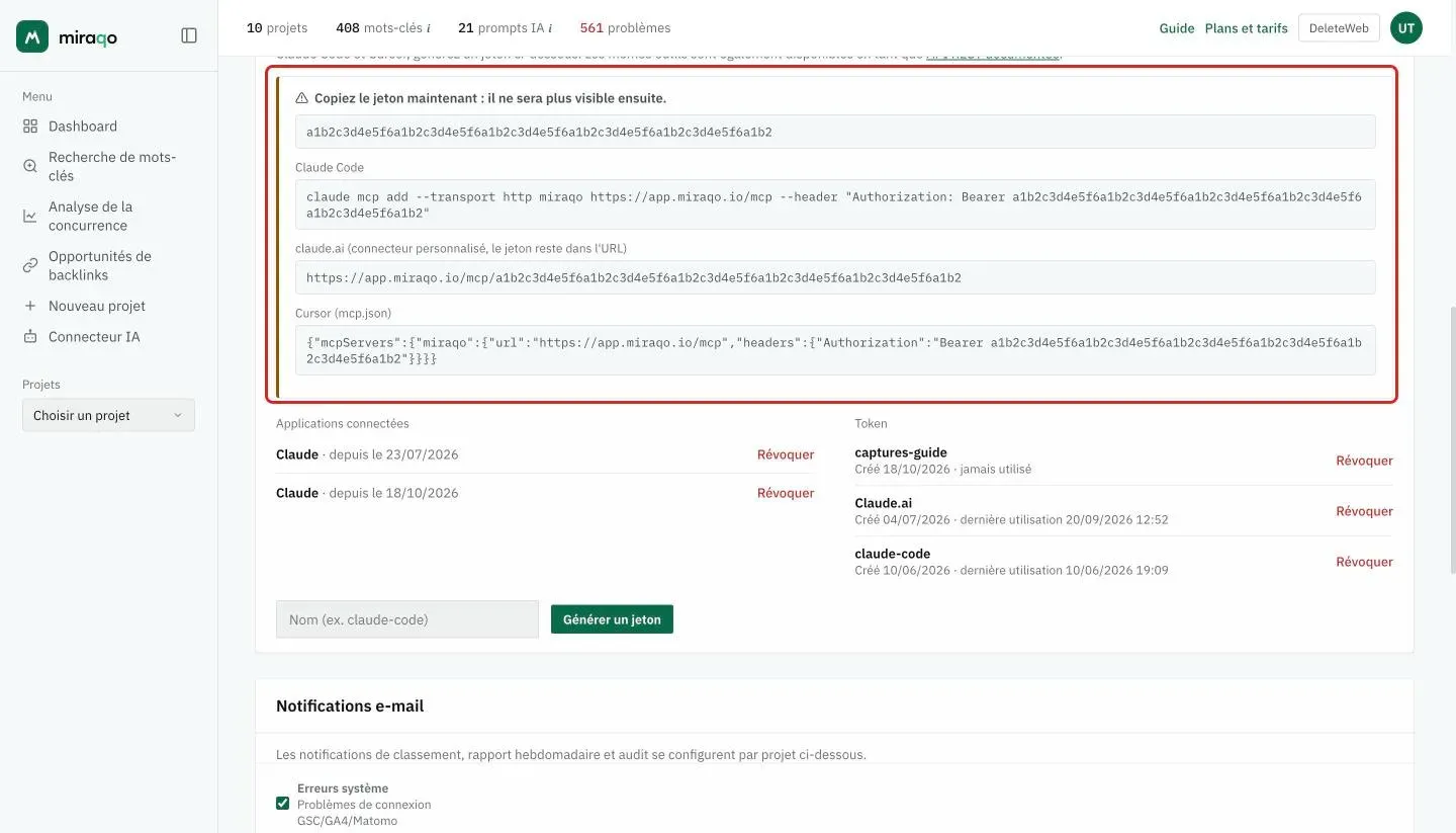 L’encadré affiché juste après Générer un jeton, mis en évidence : l’avis « Copiez le jeton maintenant », le token, la commande prête pour Claude Code, l’adresse avec token pour claude.ai et l’extrait mcp.json pour Cursor ; en dessous, le nouveau jeton en tête de la colonne Token