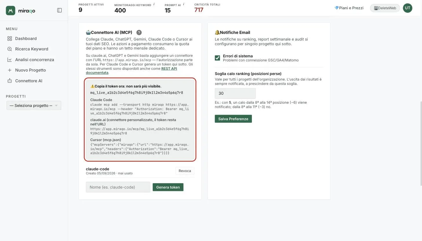 Il riquadro mostrato subito dopo Genera token, evidenziato: l’avviso “Copia il token ora”, il token, il comando pronto per Claude Code, l’indirizzo con token per claude.ai e lo snippet mcp.json per Cursor