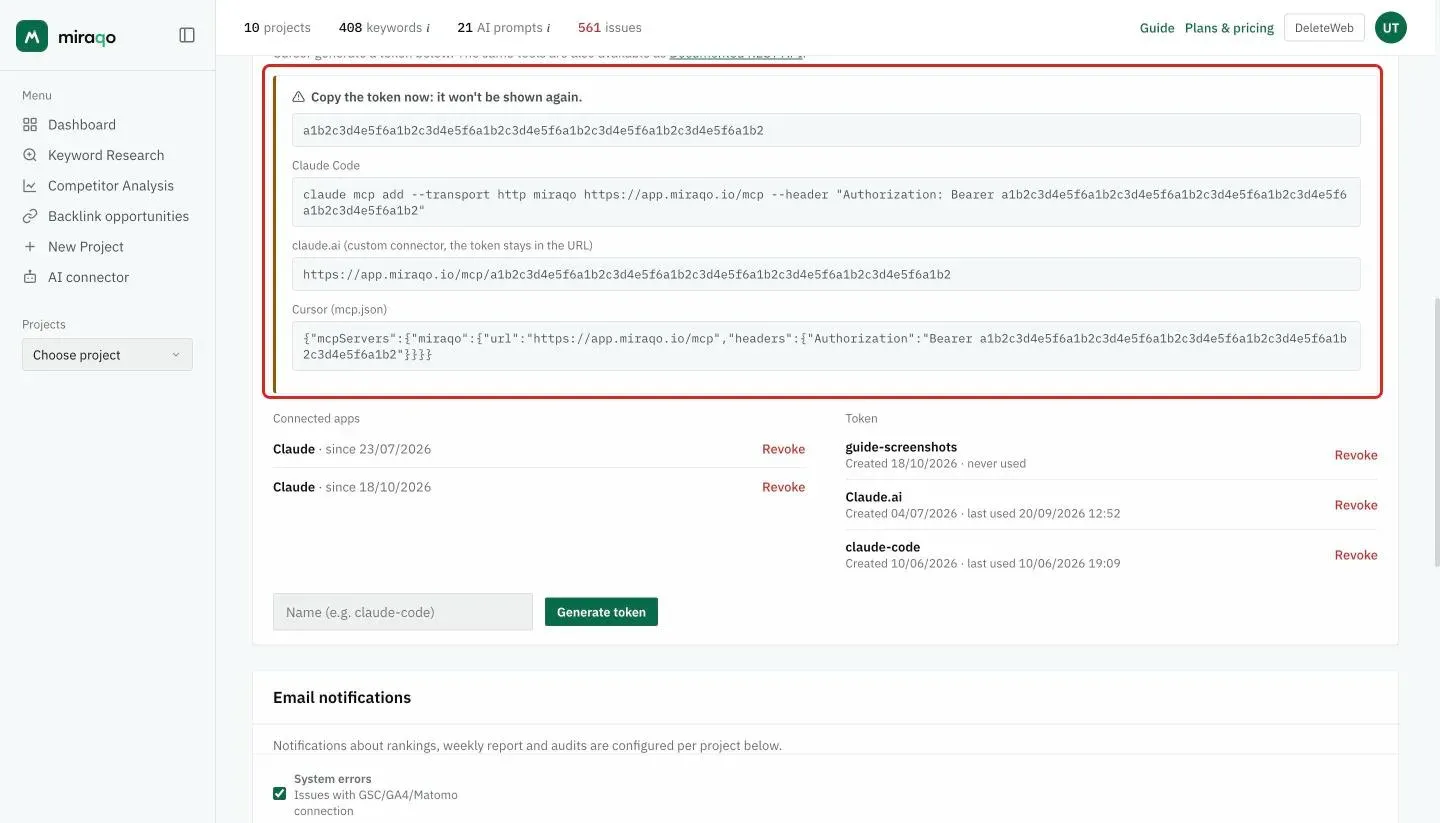 The box shown right after Generate token, highlighted: the ‘Copy the token now’ warning, the token, the ready-to-use command for Claude Code, the address with the token for claude.ai and the mcp.json snippet for Cursor; below, the new token at the top of the Token column
