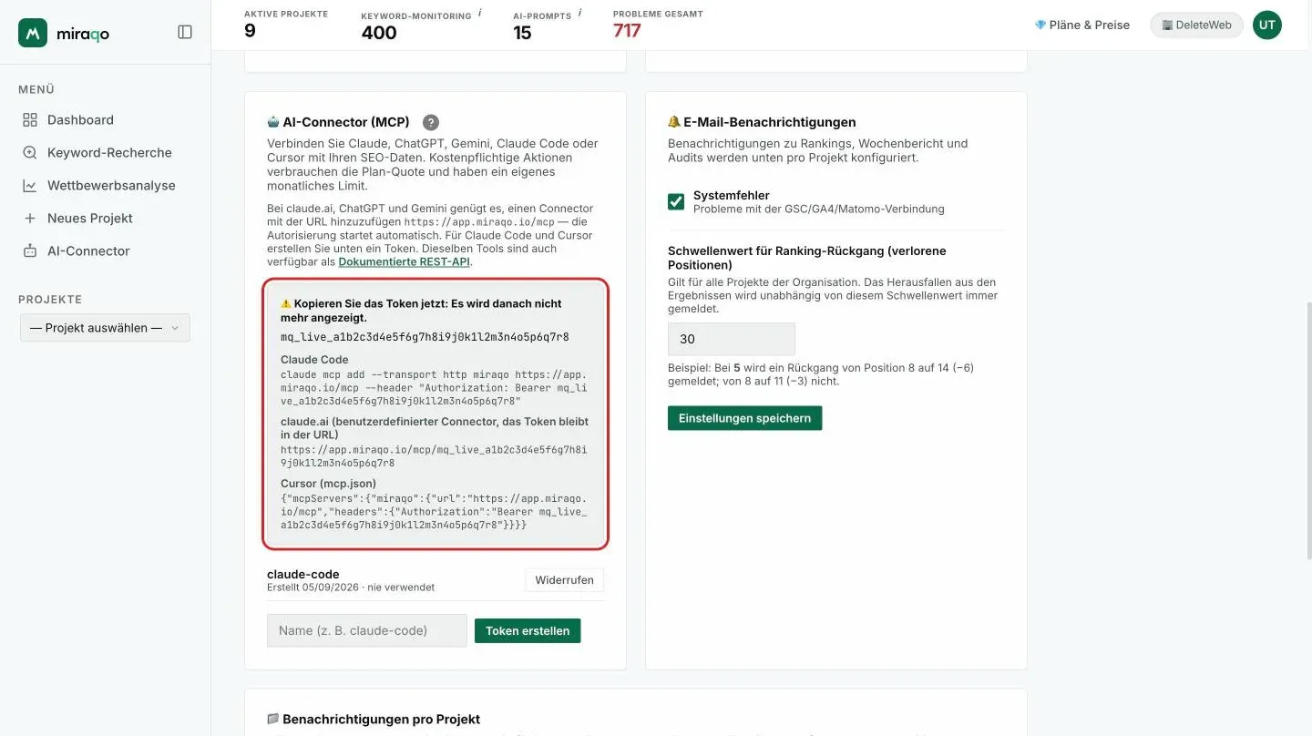 Das hervorgehobene Feld, das direkt nach Token generieren angezeigt wird: der Hinweis „Kopiere den Token jetzt“, der Token, der fertige Befehl für Claude Code, die Adresse mit Token für claude.ai und das mcp.json-Snippet für Cursor