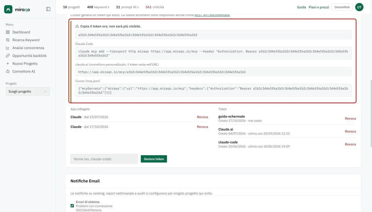 Il riquadro mostrato subito dopo Genera token, evidenziato: l’avviso Copia il token ora, il token, il comando pronto per Claude Code, l’indirizzo con token per claude.ai e lo snippet mcp.json per Cursor; sotto, il nuovo token in cima alla colonna Token