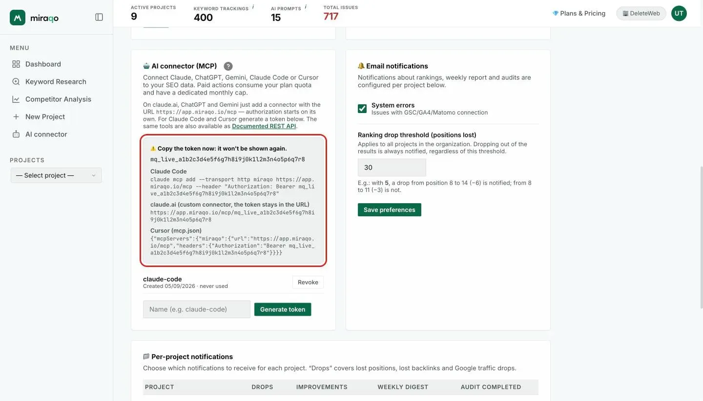 The box shown right after Generate token, highlighted: the ‘Copy the token now’ warning, the token, the ready-to-use command for Claude Code, the address with the token for claude.ai and the mcp.json snippet for Cursor