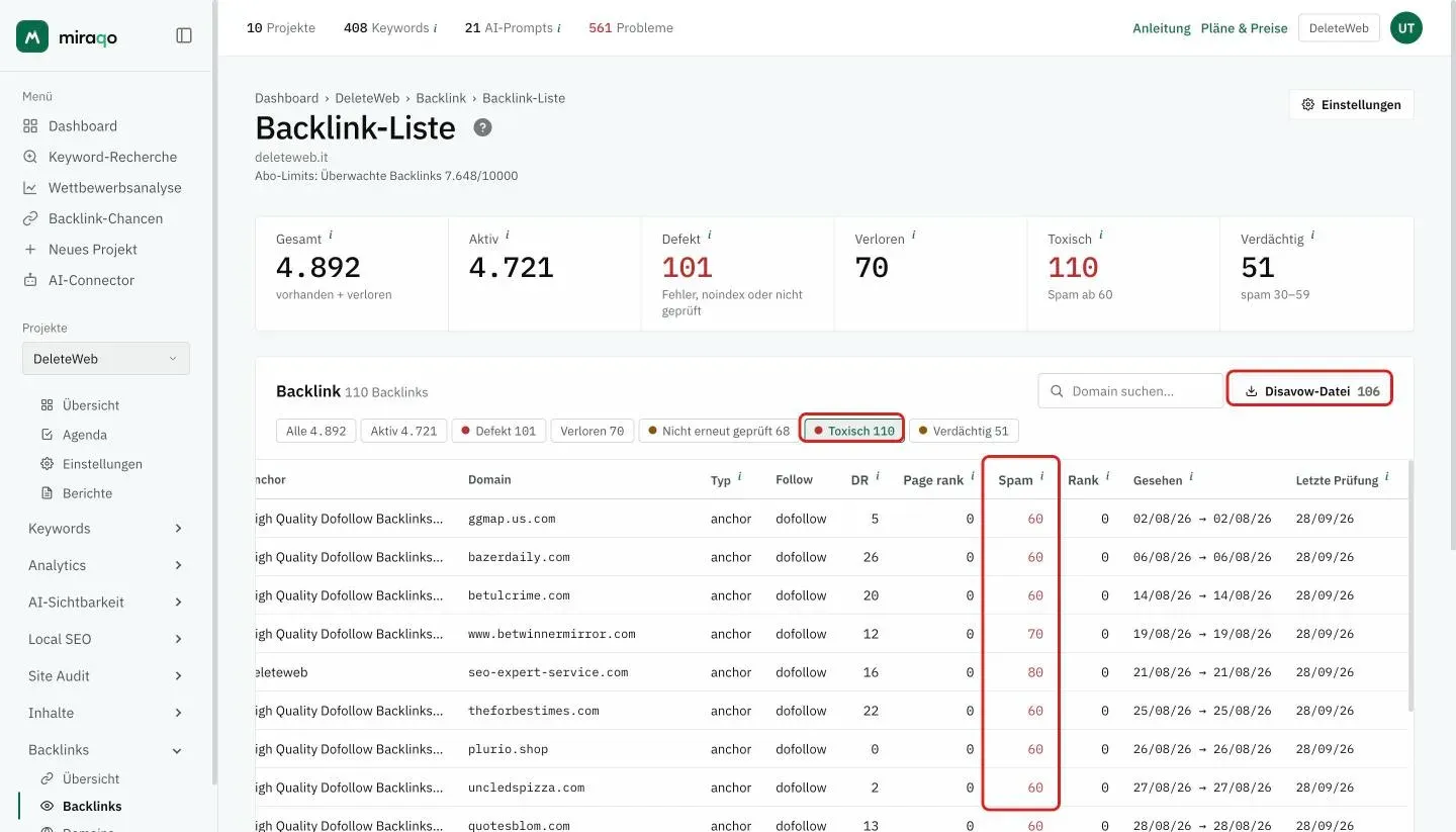 Die auf den hervorgehobenen Chip Toxisch gefilterte Liste: hervorgehoben die Spalte Spam mit roten Werten ab 60 und oben rechts der Button Disavow-Datei mit der Anzahl der Domains