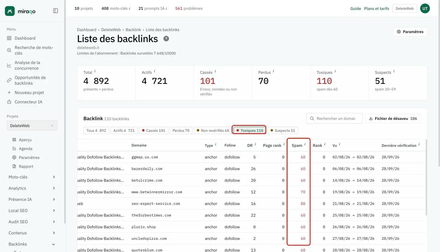 La liste filtrée sur la puce Toxiques mise en valeur : la colonne Spam mise en valeur avec les scores en rouge à partir de 60 et, en haut à droite, le bouton Fichier de désaveu avec le nombre de domaines