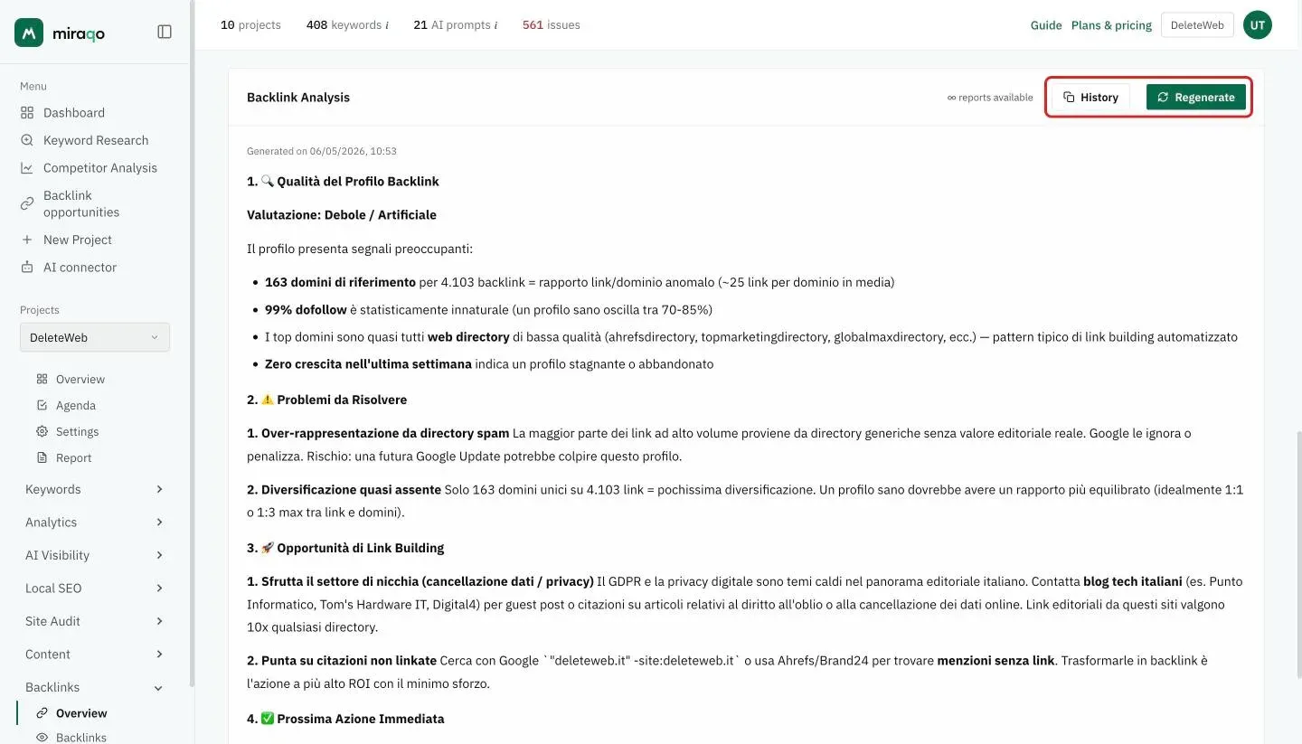 The Backlink Analysis card with the History and Regenerate buttons highlighted at the top right and, below, the generated analysis with the date, the profile quality assessment and the issues to fix