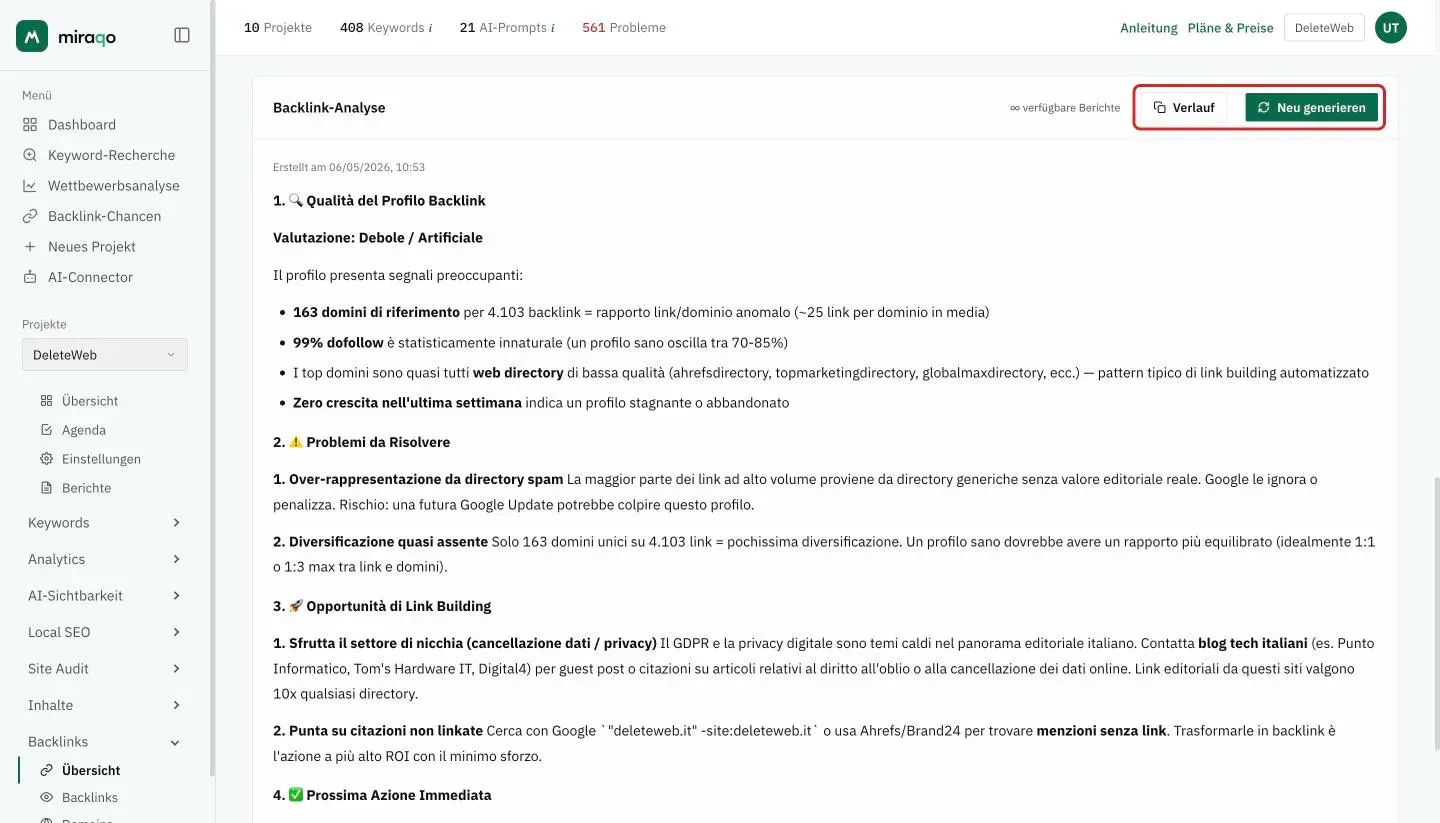 Die Karte Backlink-Analyse mit den hervorgehobenen Buttons Verlauf und Neu generieren oben rechts und darunter die erstellte Analyse mit Datum, der Bewertung der Profilqualität und den zu lösenden Problemen