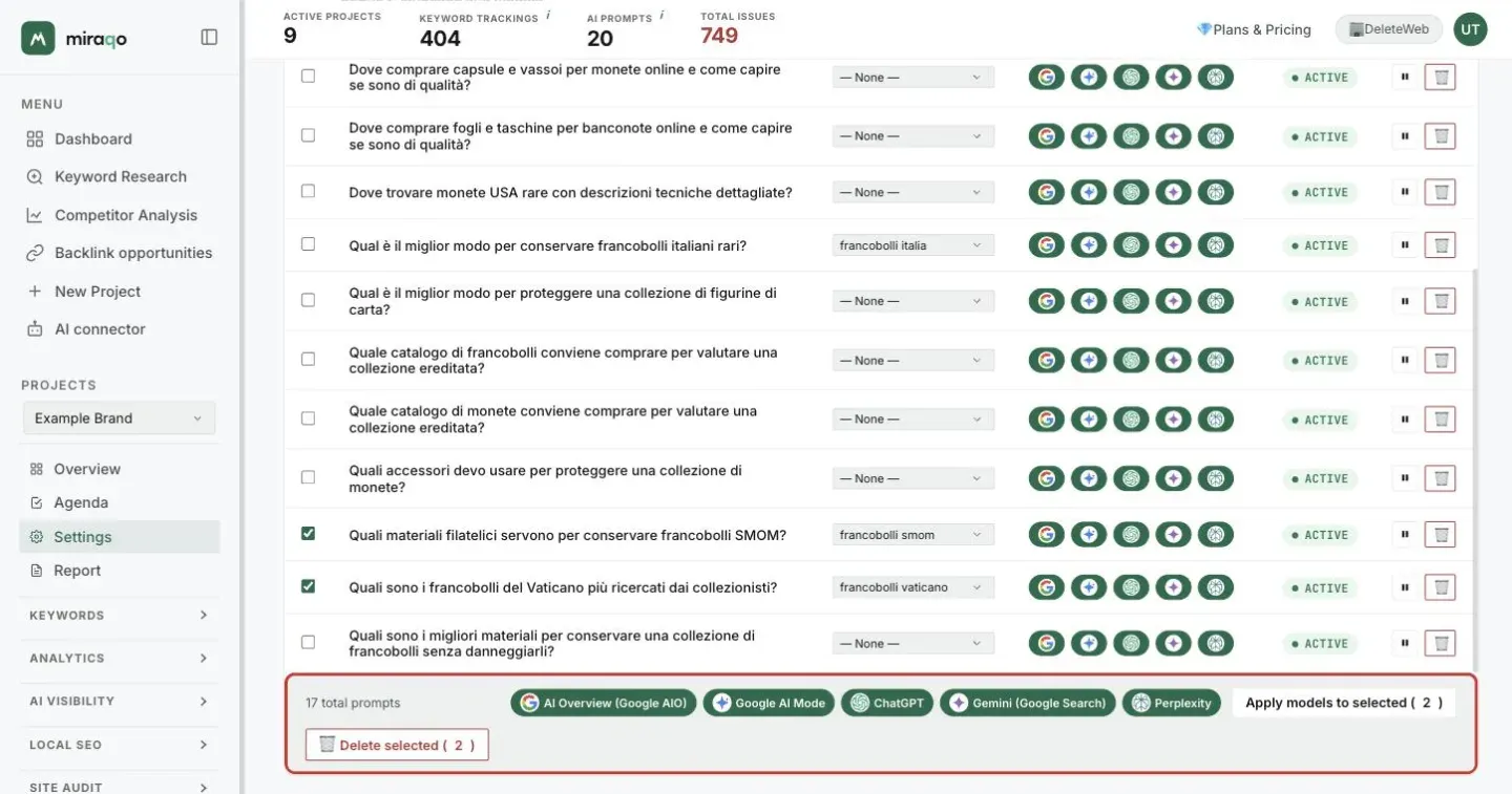 The table of monitored prompts with two rows ticked at the bottom and the bar highlighted below the table: 17 prompts in total, the five models, Apply models to selected (2) and Delete selected (2)