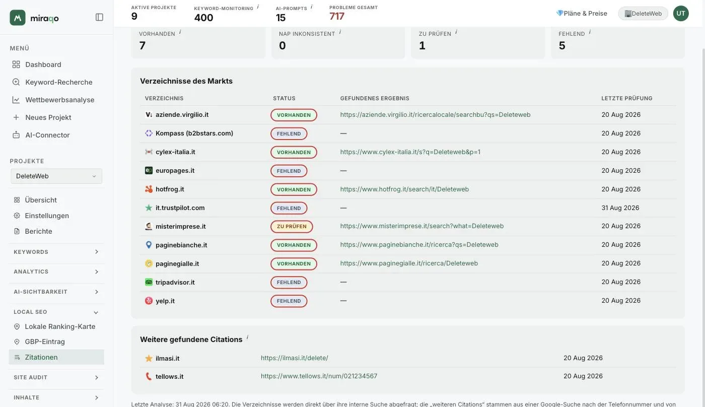 Die Tabelle Verzeichnisse des Marktes mit den hervorgehobenen Status-Badges in der Spalte Status: Vorhanden in Grün, Zu prüfen in Gelb, Nicht vorhanden in Grau, und daneben der Link zum gefundenen Ergebnis