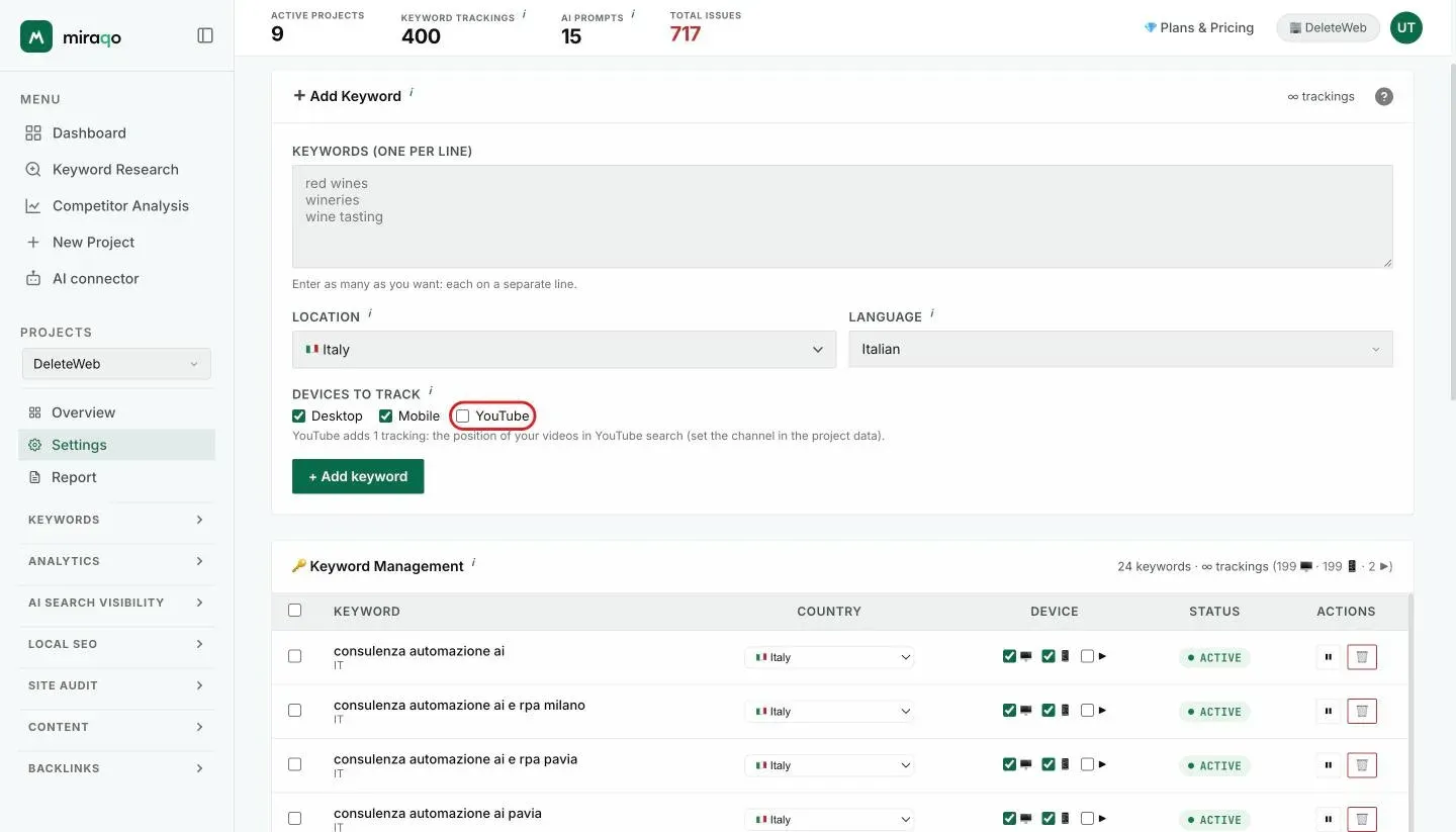Settings → Keywords, Add Keyword form: among the devices to track, the YouTube checkbox, highlighted, next to Desktop and Mobile