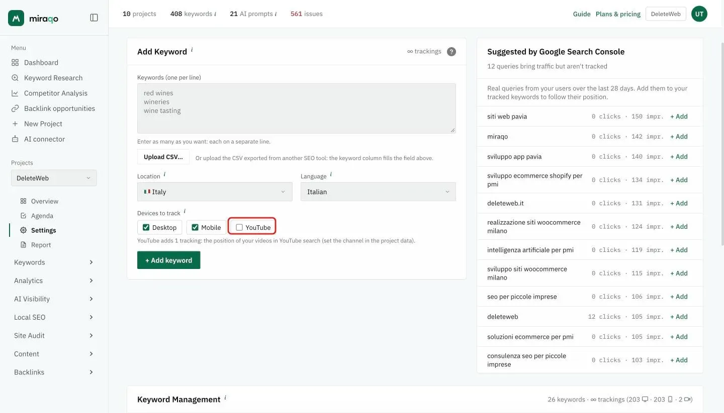 Settings → Keywords, Add Keyword form: among the devices to track, the YouTube checkbox, highlighted, next to Desktop and Mobile